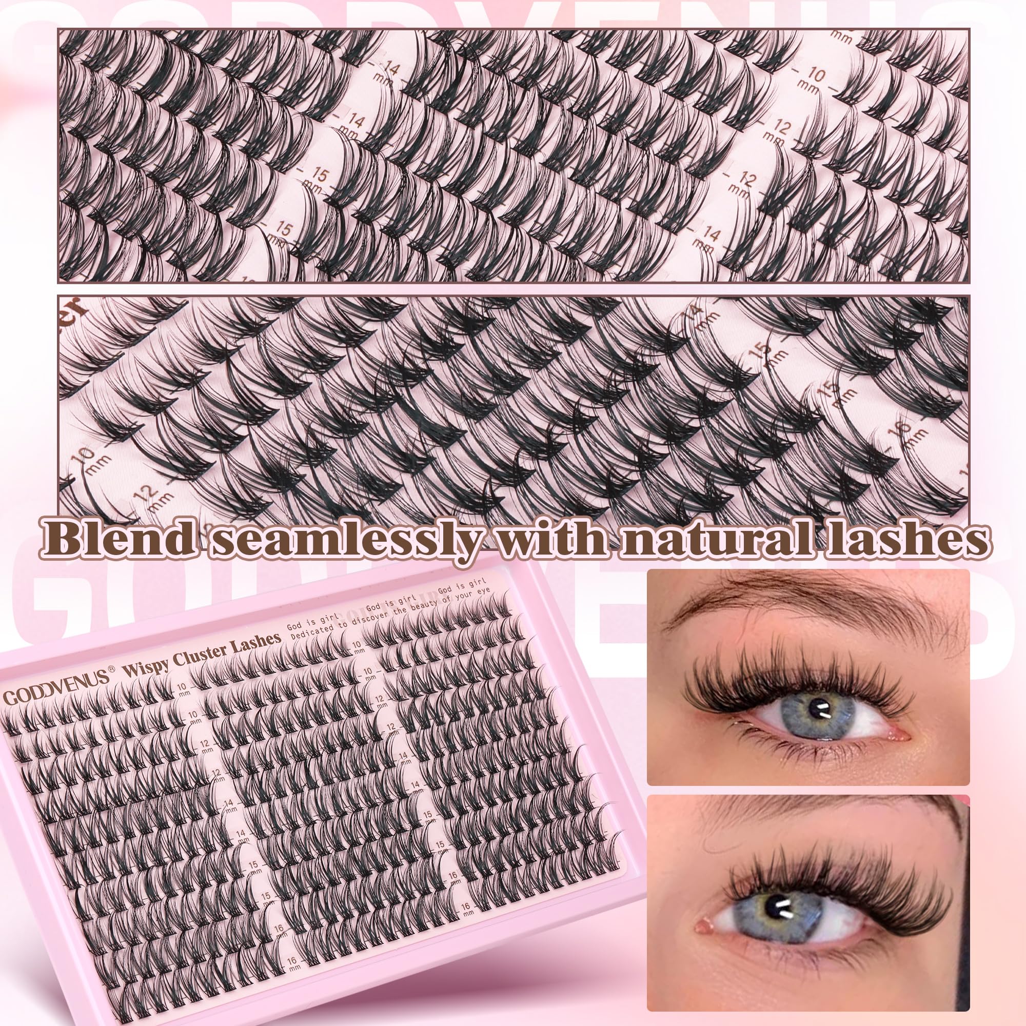 Goddvenus Eyelash Extensions Wispy Natural DIY C Curl Individual Lashes Clusters Black 10-16mm 300pcs