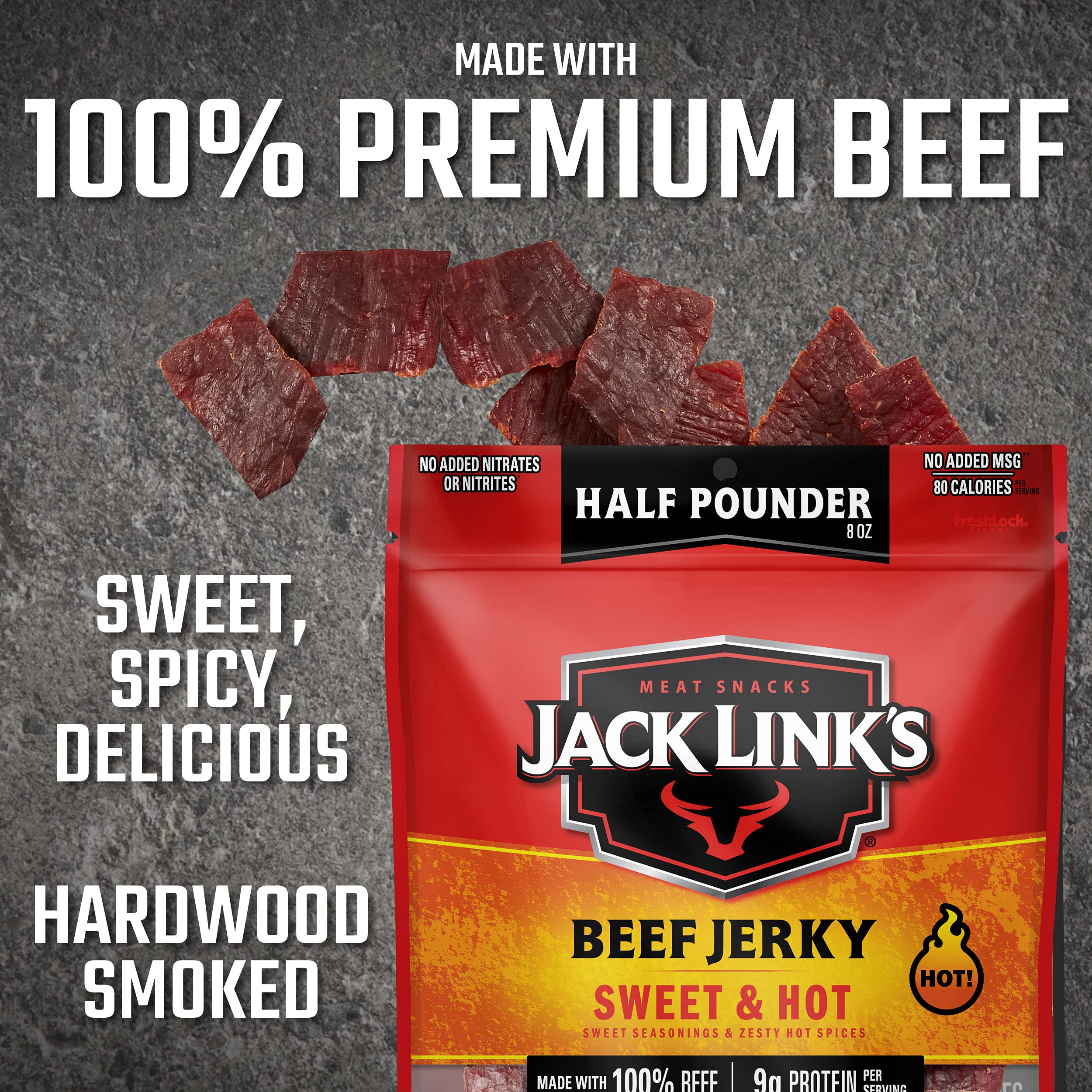 Jack Link's Beef Jerky, Sweet & Hot, ½ Pounder Bag - Flavorful Meat Snack, 9g of Protein and 80 Calories, Made with Premium Beef - 96 Percent Fat Free, No Added MSG or Nitrates/Nitrites