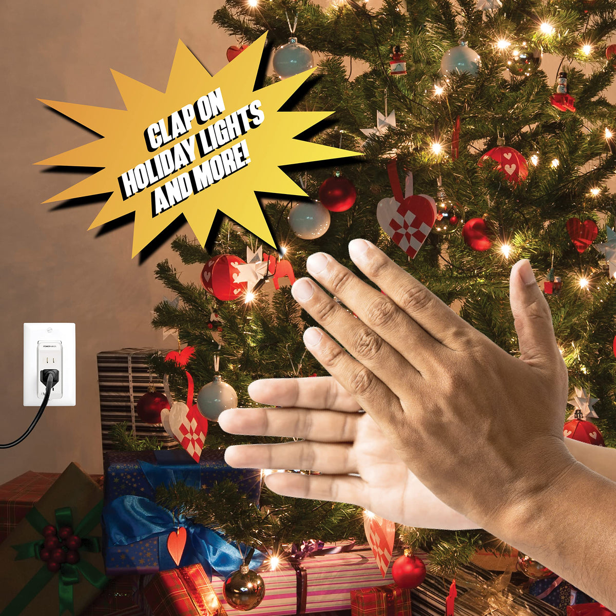 Power Hands | Clapping Light Control Noise Detecting Wireless Wall Outlet with a 3 Level Sensitivity Switch | Turns Appliances On/Off with Clapping Sound Sensor | 120V 200W 2 Outlet