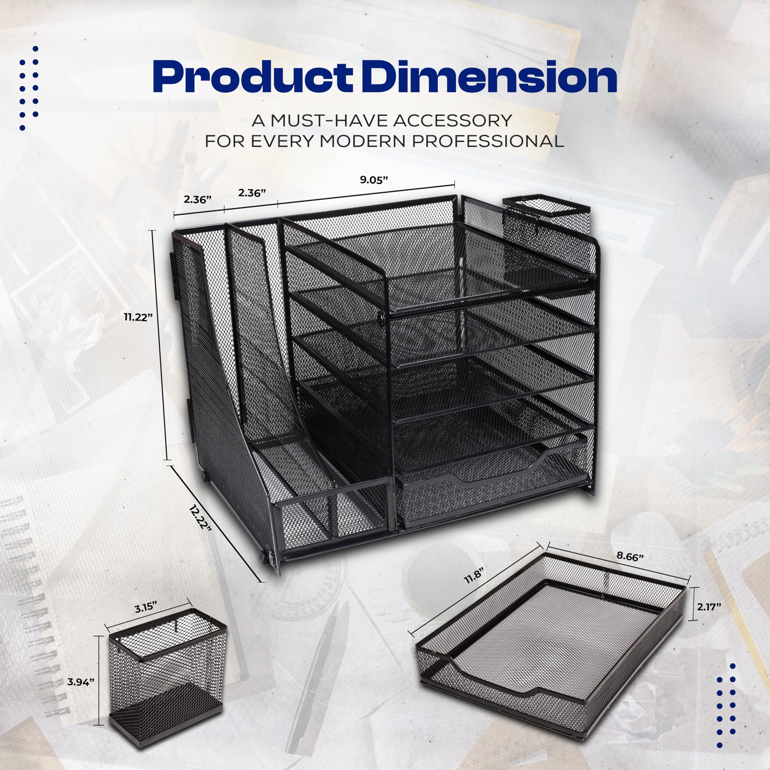 SimArtz 5-Tier Paper Letter Tray Organizer with File Holder - Desk Organizer with Drawer and Pen Holders, Rust-Resistant Metal Mesh Desktop Organizer - Perfect for Home & Office Supplies (Black)