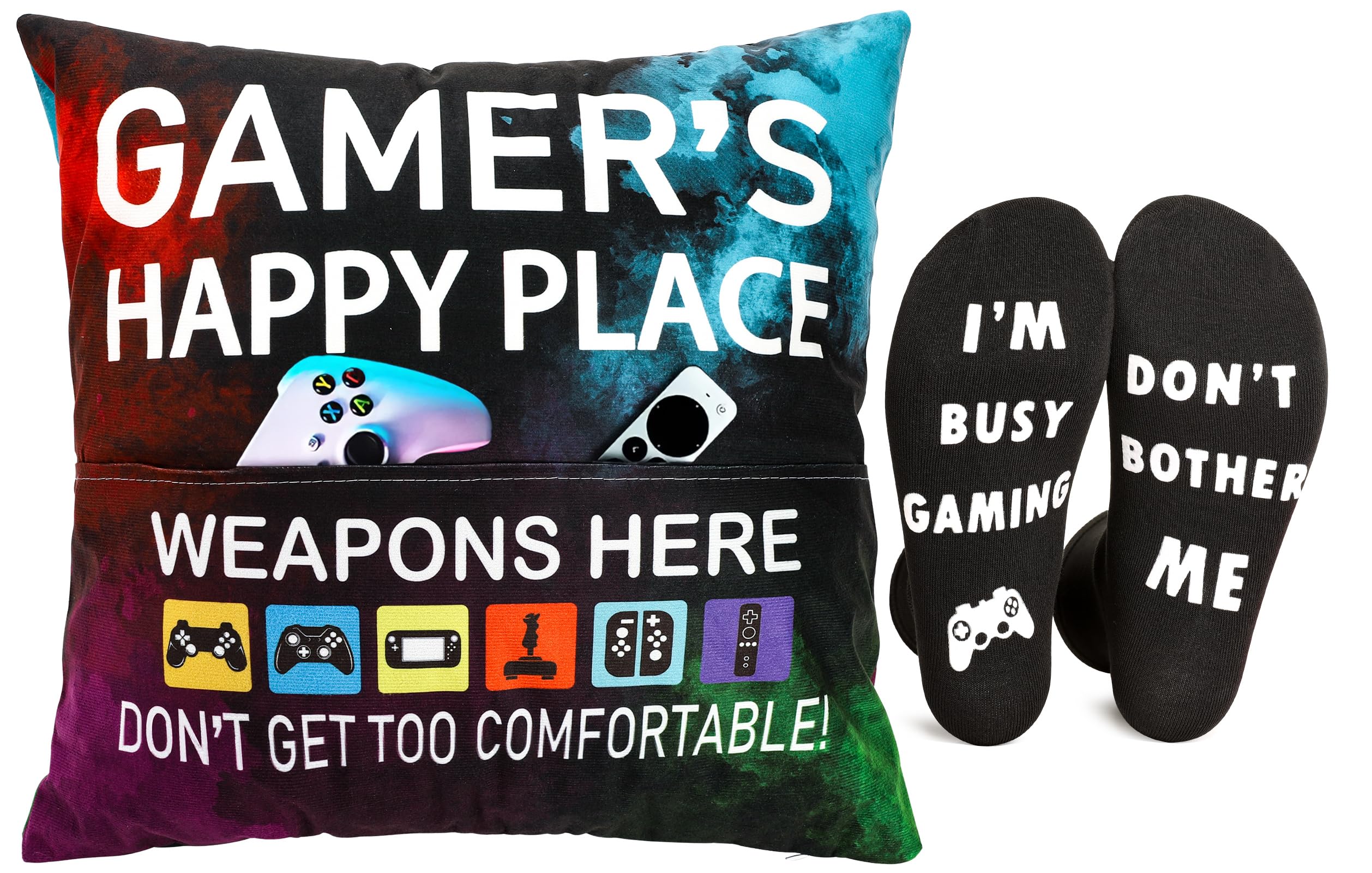 OCCdesign Gamer Gifts for Teenage Boys Men, Gaming Room Decoration, Gamer Pillow Cover and Game Socks Gifts Set, Christmas Stocking Stuffers for Teens Boys Girls Men Father Boyfriends 18" x 18"