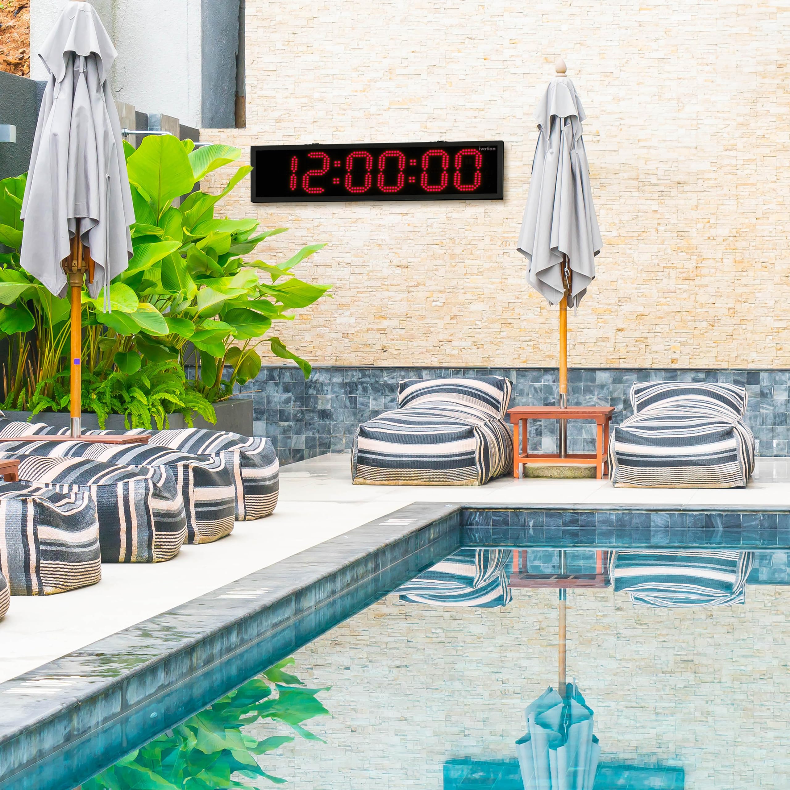 Ivation Oversized 36" Outdoor Waterproof Digital Clock, Auto Time Sync - LED Digital Clock with Large Multi Function Display - Stopwatch, Timer, Alarms, Temp & Date - Wall or Chain Mount (Red)