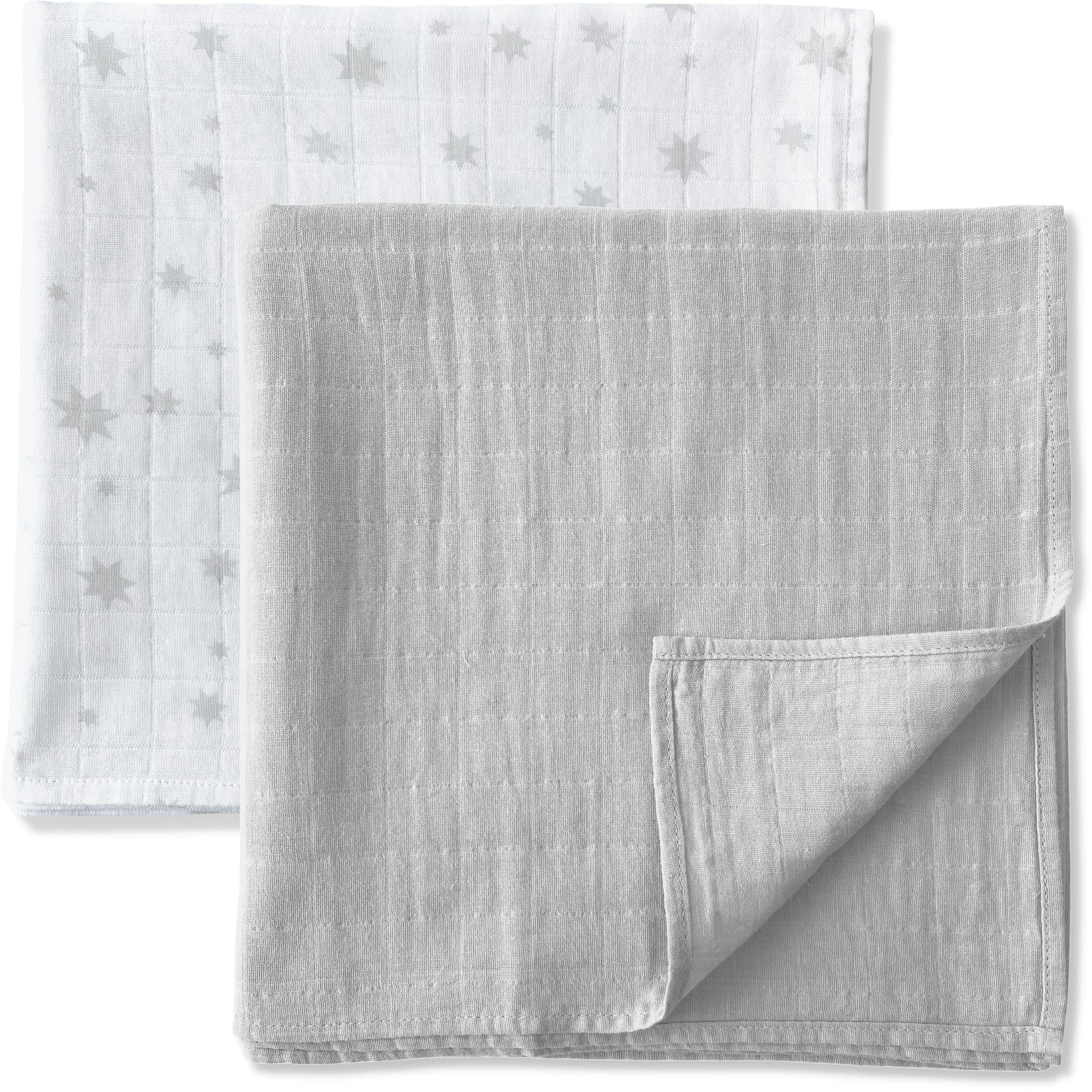 MOZAH Organic Muslin Swaddle Blankets - 100% Soft Organic Cotton - Baby Girl Blanket and Baby Boy Blanket - Ideal Baby Registry Items Unisex Essentials - Baby Swaddles (Grey & Stars)
