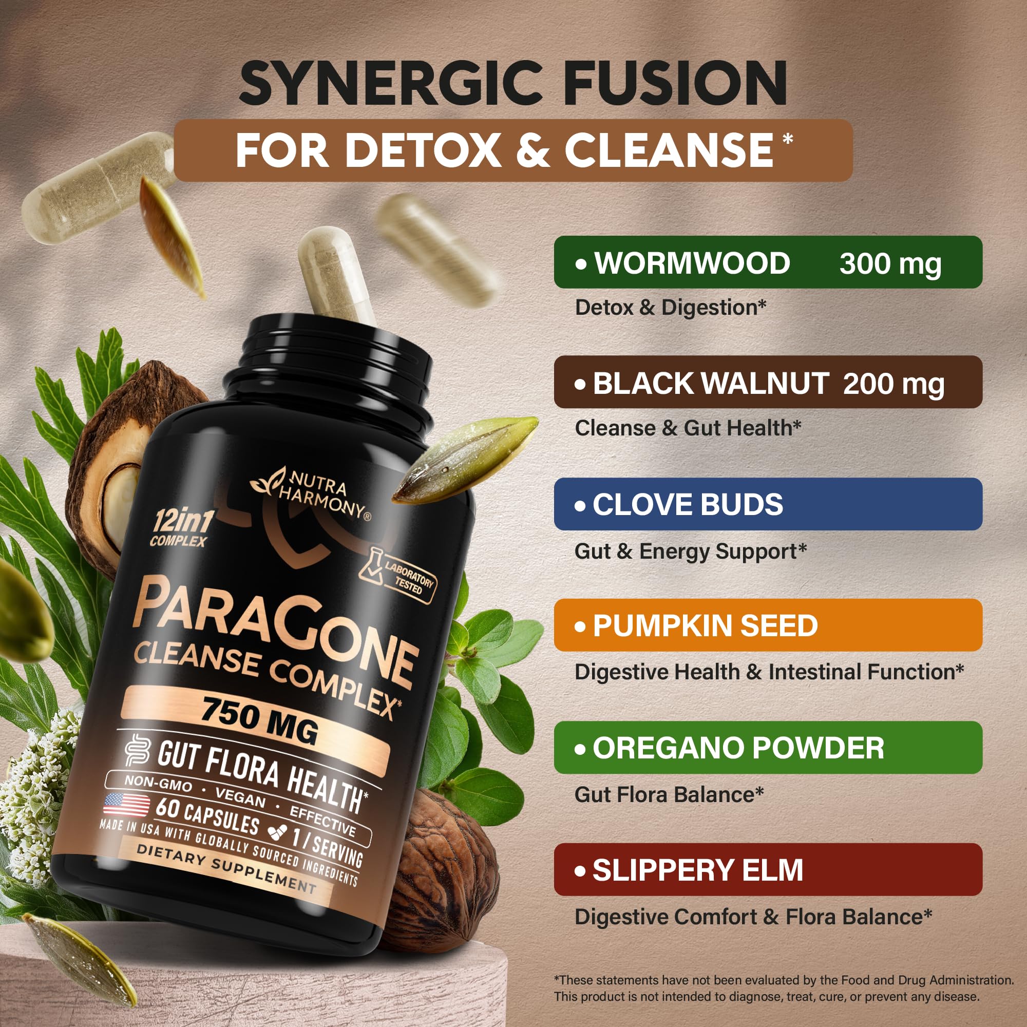 Wormwood, Black Walnut, Clove & Astragalus - ParaGone for Cleanse, Detox, Intestinal & Gut Flora Support - 12 in 1 Complex for Men & Women - NON-GMO, Vegan - Made in USA - 60 Capsules for 2 Months