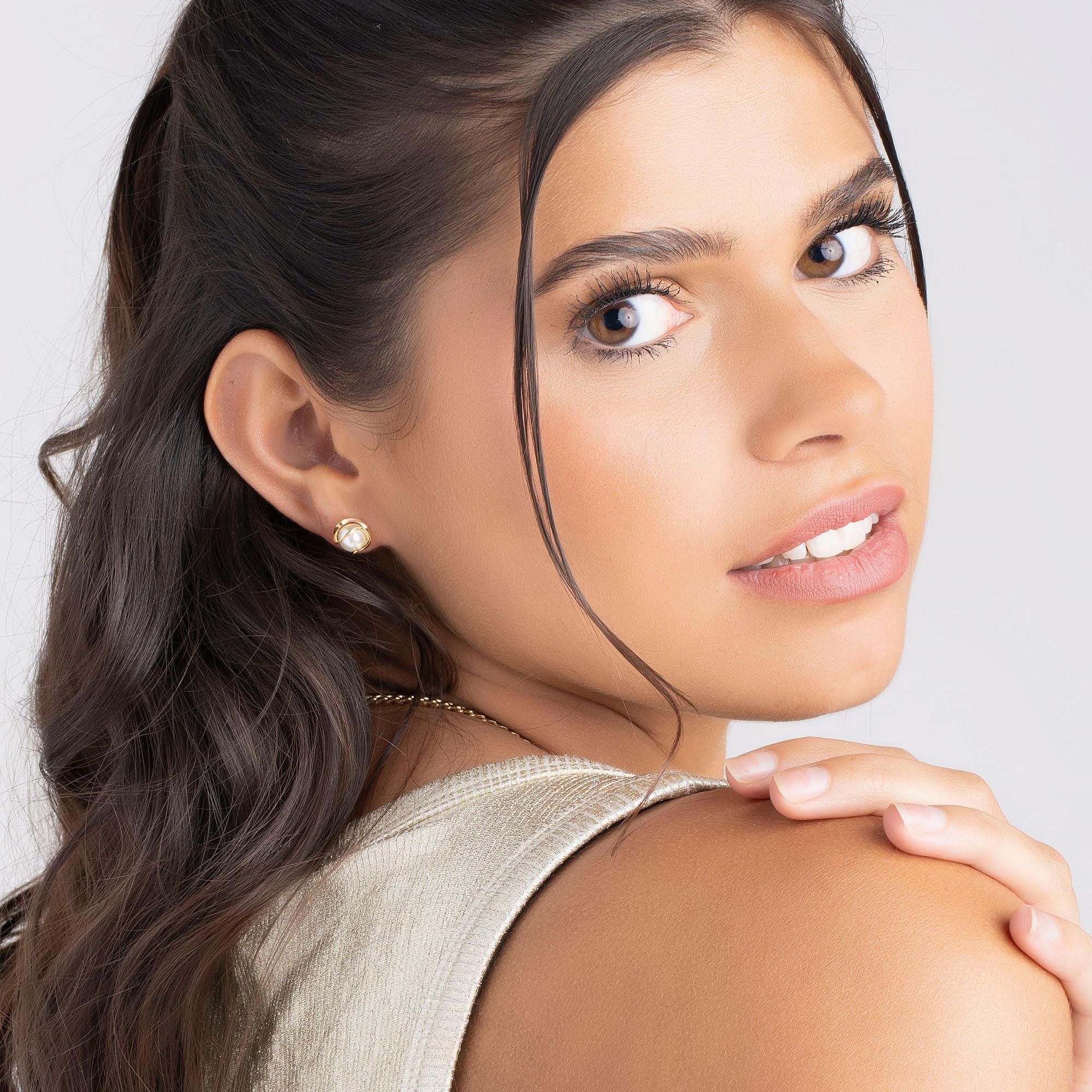 Barzel 18K Gold Plated Caged Pearl Stud Earrings - Made In Brazil