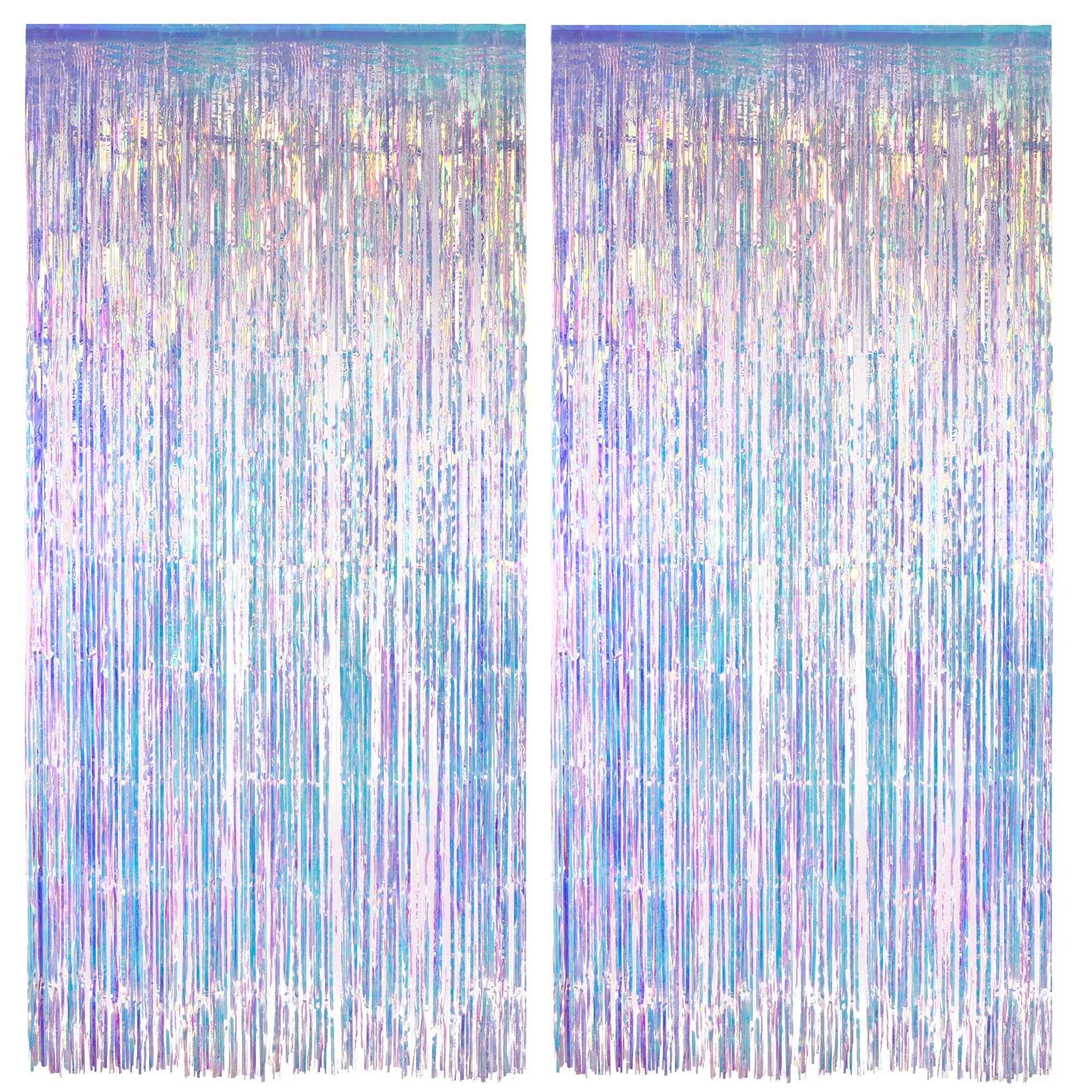 Iridescent Party Streamers Backdrop - GREATRIL Neon Transparent Holographic Tinsel Foil Fringe Curtain for Mermaid/Frozen/Sea/Euphoria/ERAS Party Theme Decorations 2 PCS