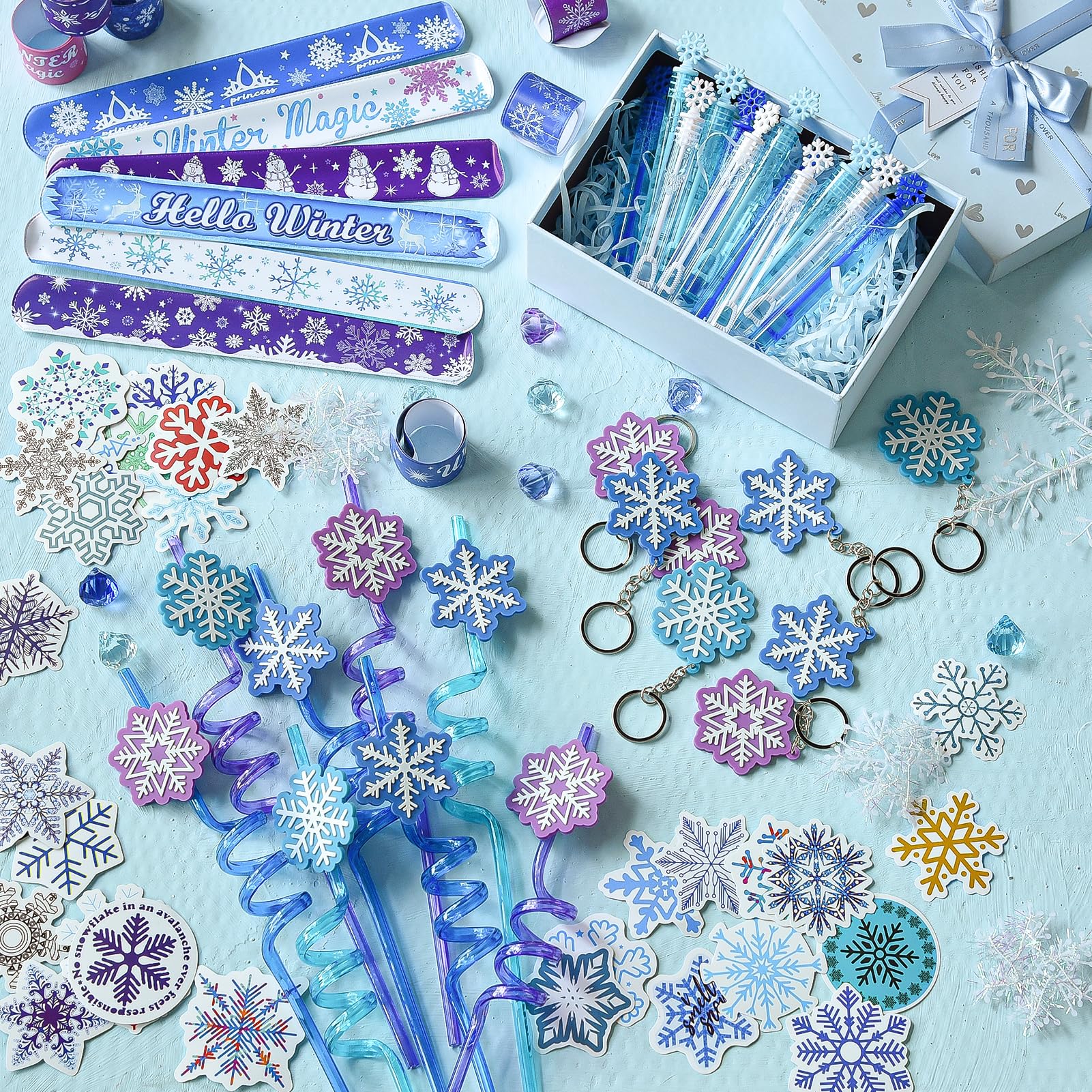 Golray 98pcs Snow Party Favors Birthday Supplies for Girls Kids Snowflake Straw Bubble Wands Sticker Toy Prize Filler Goodie Bag Stuffer Winter Girl Party Favors