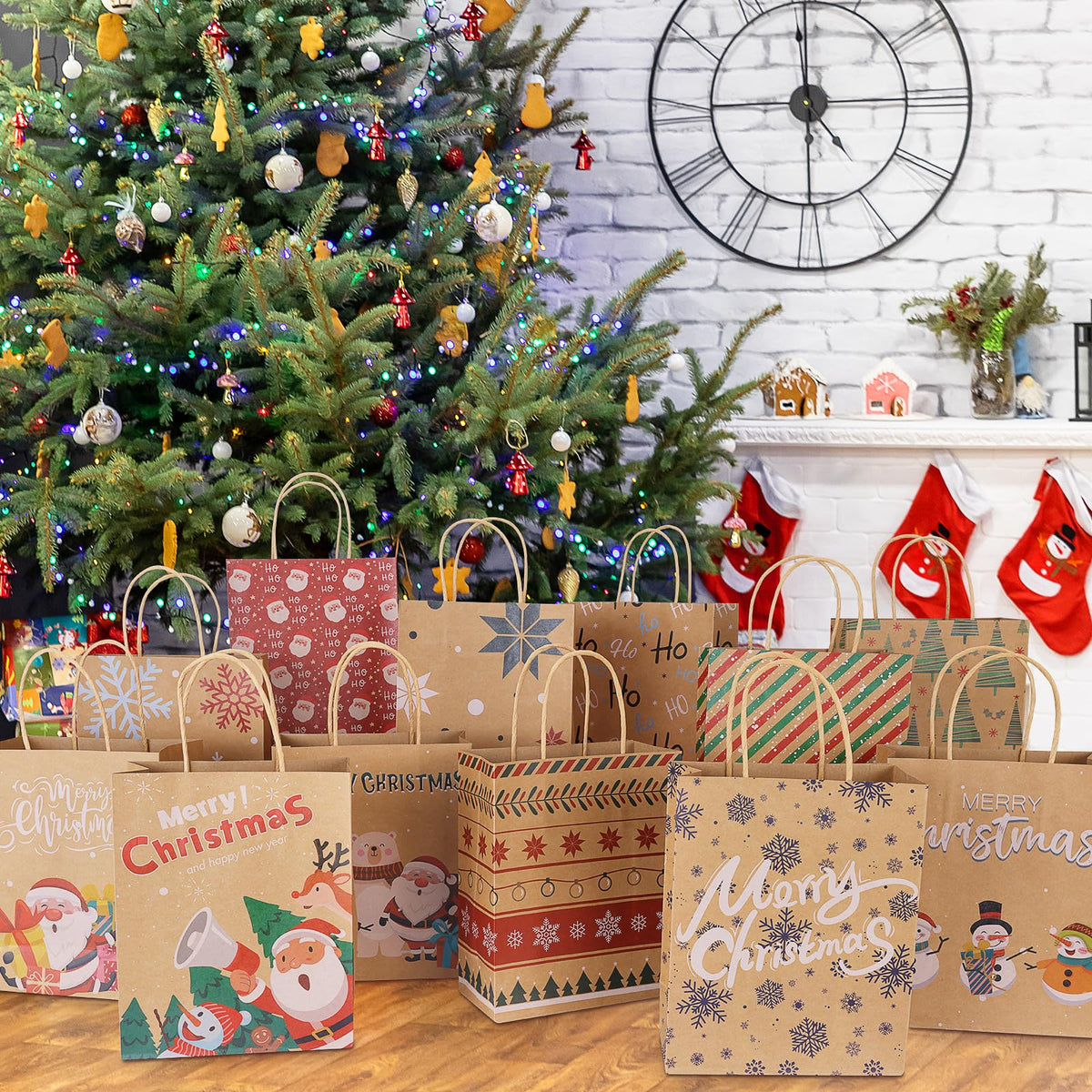 TranquilBliss 12 Unique Christmas Kraft Paper Gift Bags, Durable Handles & Non-Breaking Bottoms, Ideal for Holidays, Birthdays & Parties (24 PCS)