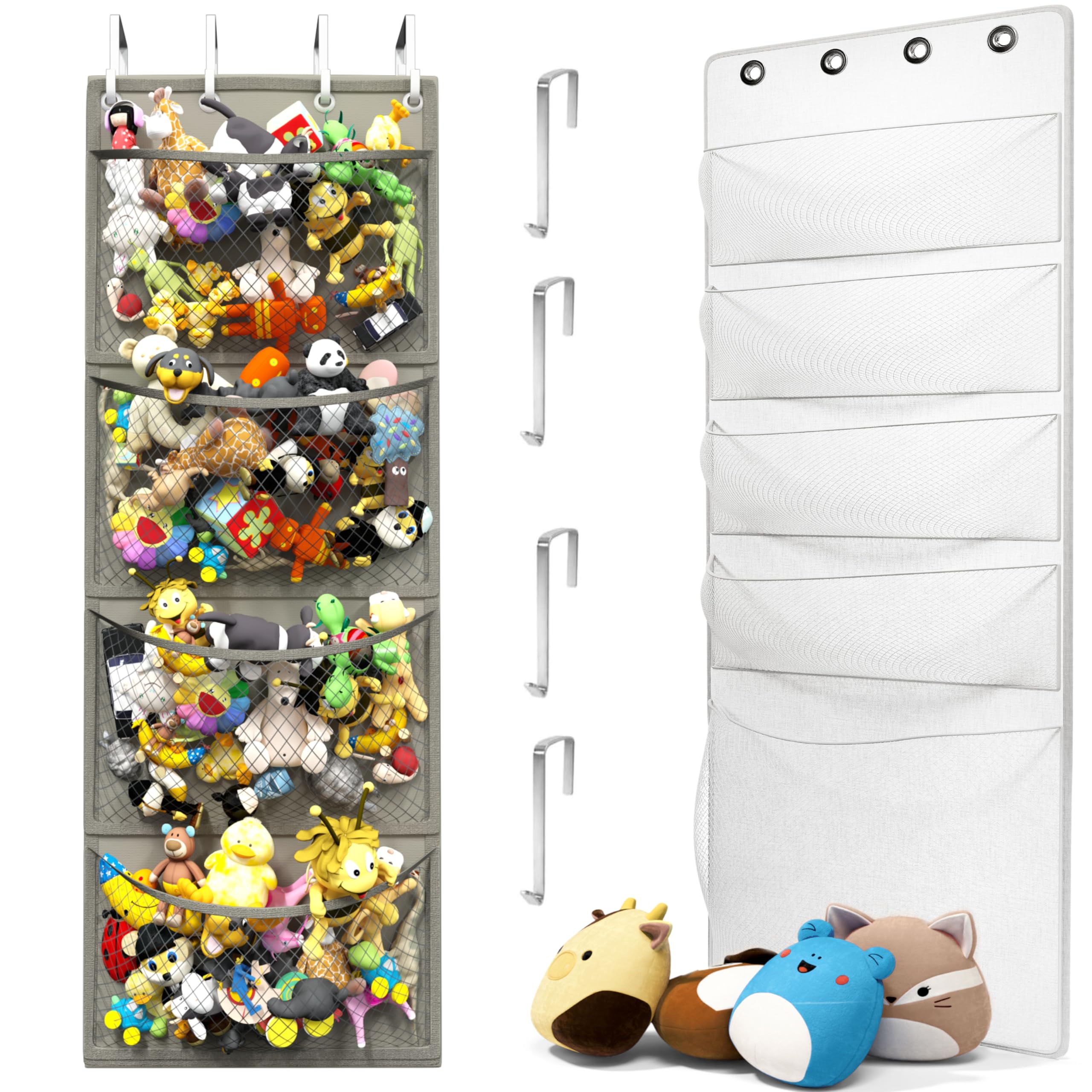 Honeyera Complete Plush & Toy Storage Bundle Grey Stuffed Animal Organizer & Squishmallow Holder – Quick Install, Perfect for Small Spaces