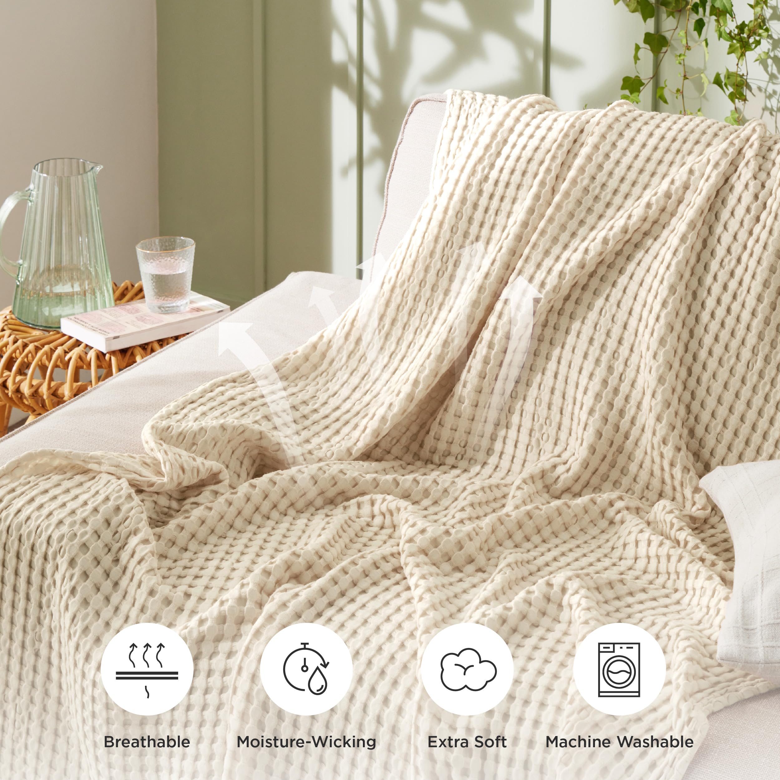 Bedsure Cooling Cotton Waffle Weave Blanket - Lightweight Breathable Blanket of Rayon Derived from Bamboo for Hot Sleepers, Luxury Throws for Bed, Couch and Sofa, Beige, 50x70 Inches