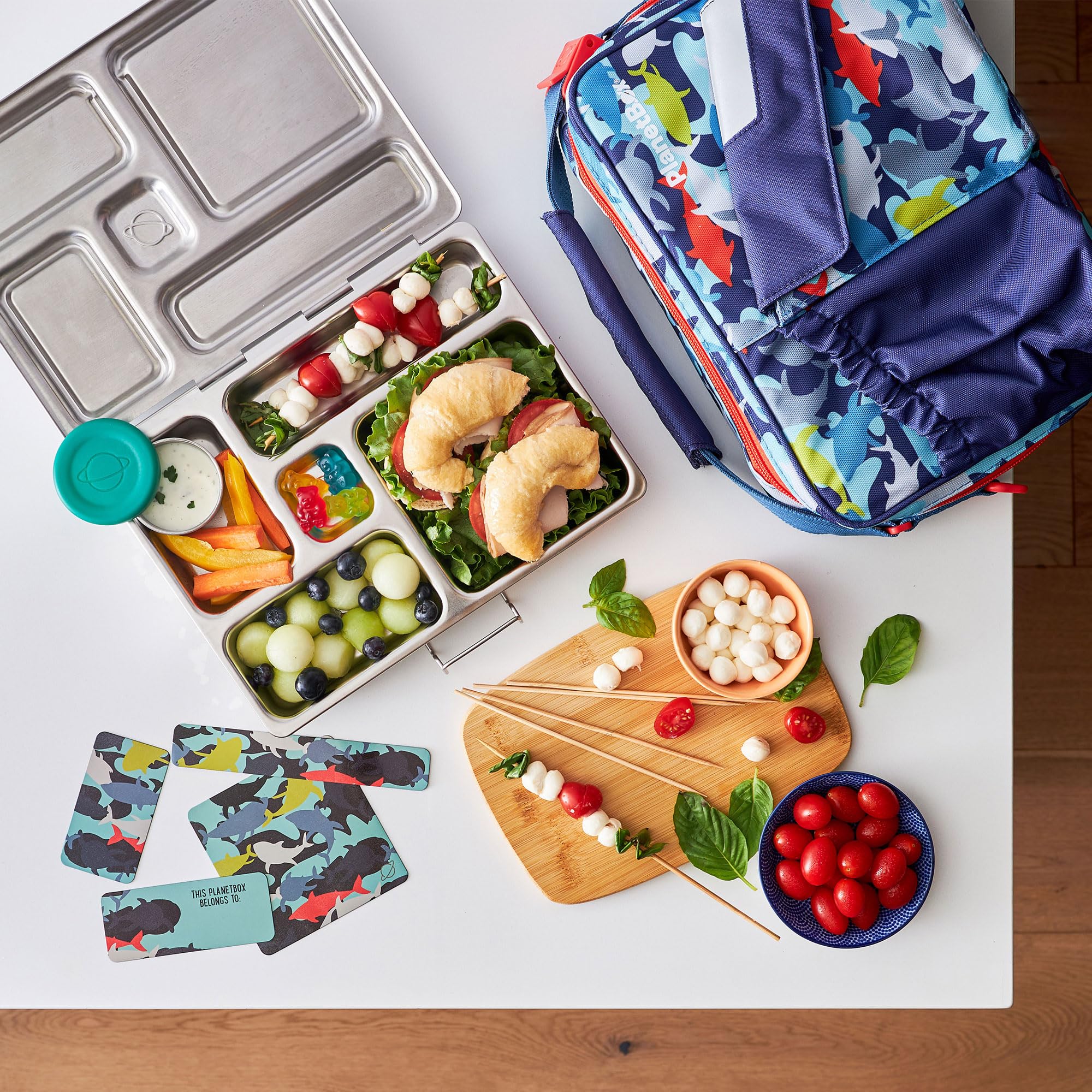 PlanetBox Rover Stainless Steel Bento Box Style Lunch Box Kit for Kids with 5 Compartments, Camo Shark Edition includes Insulated Lunch Bag, Leakproof Food Containers and Matching Magnets