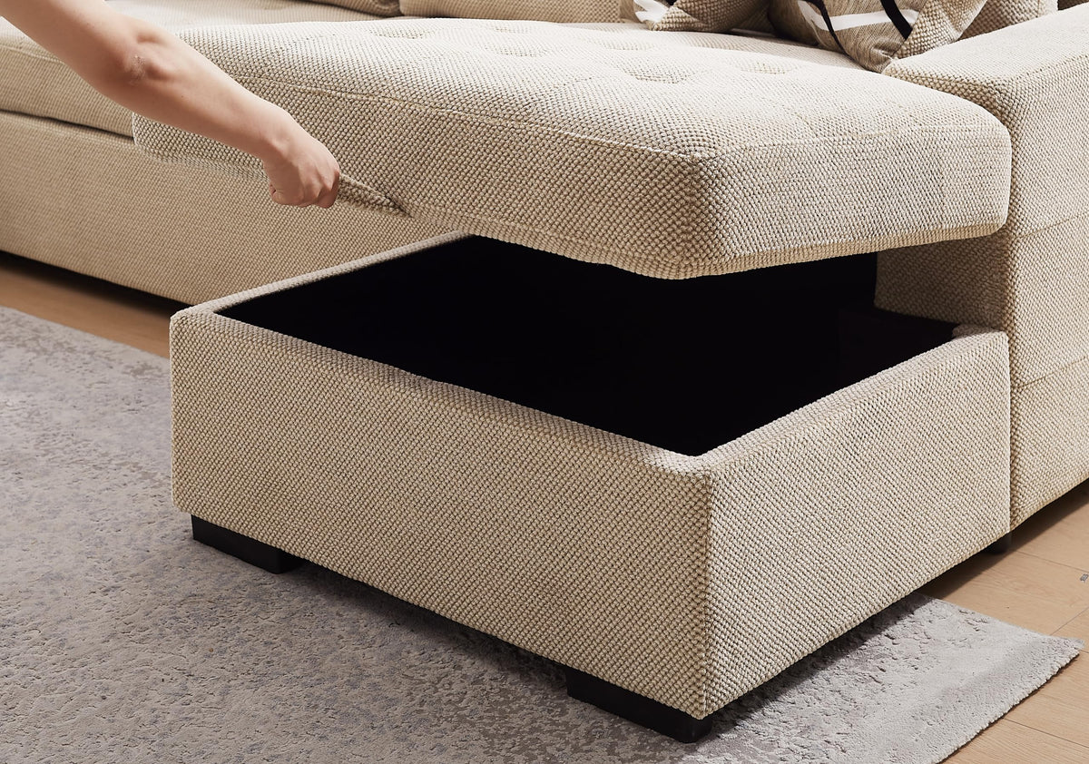 THSUPER Sectional Sleeper Sofa with Pull Out Bed and Storage Chaise, U Shape Sectional Sofa Bed, Oversized Sectional Sleeper Couch for Living Room Beige