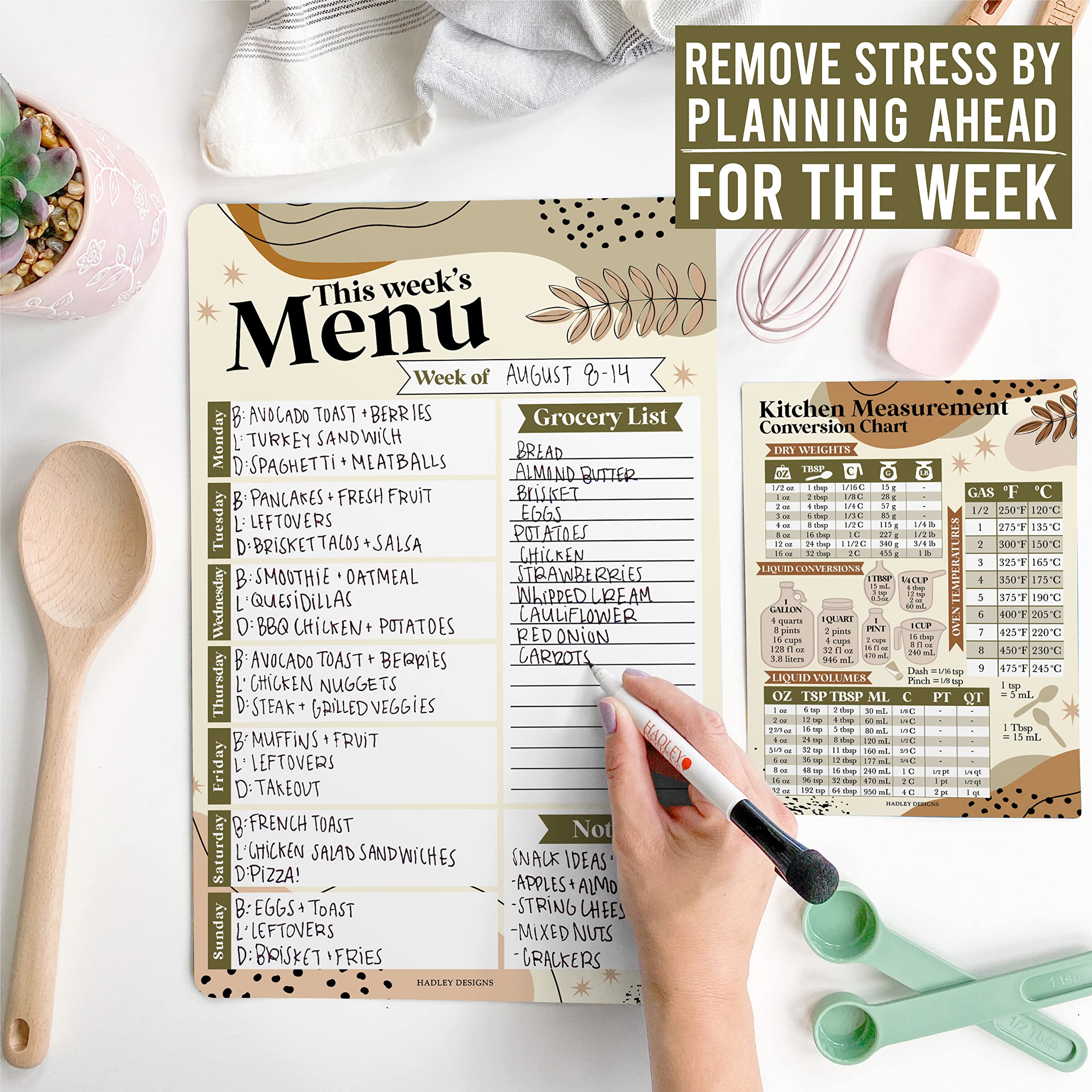 Hadley Designs Boho Magnetic Weekly Meal Planner Dry Erase Board for Refrigerator - Weekly Dinner Menu Board for Kitchen Conversion Chart Magnet, Grocery List Magnet