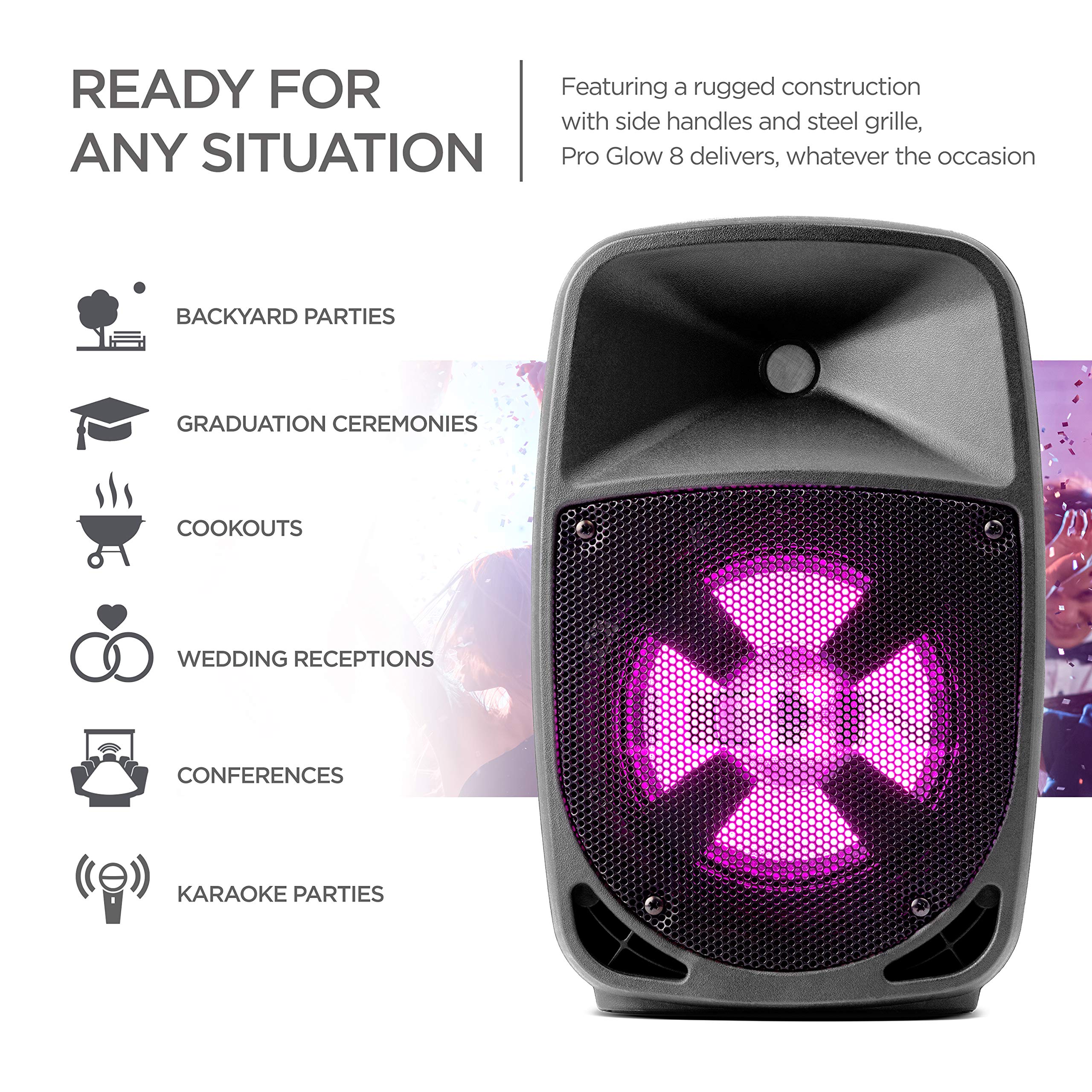 ION Audio Pro Glow 8 - 150W Wireless Bluetooth Speaker Portable PA System With Karaoke Microphone, Vocal Effects, USB/SD Playback and FM Radio