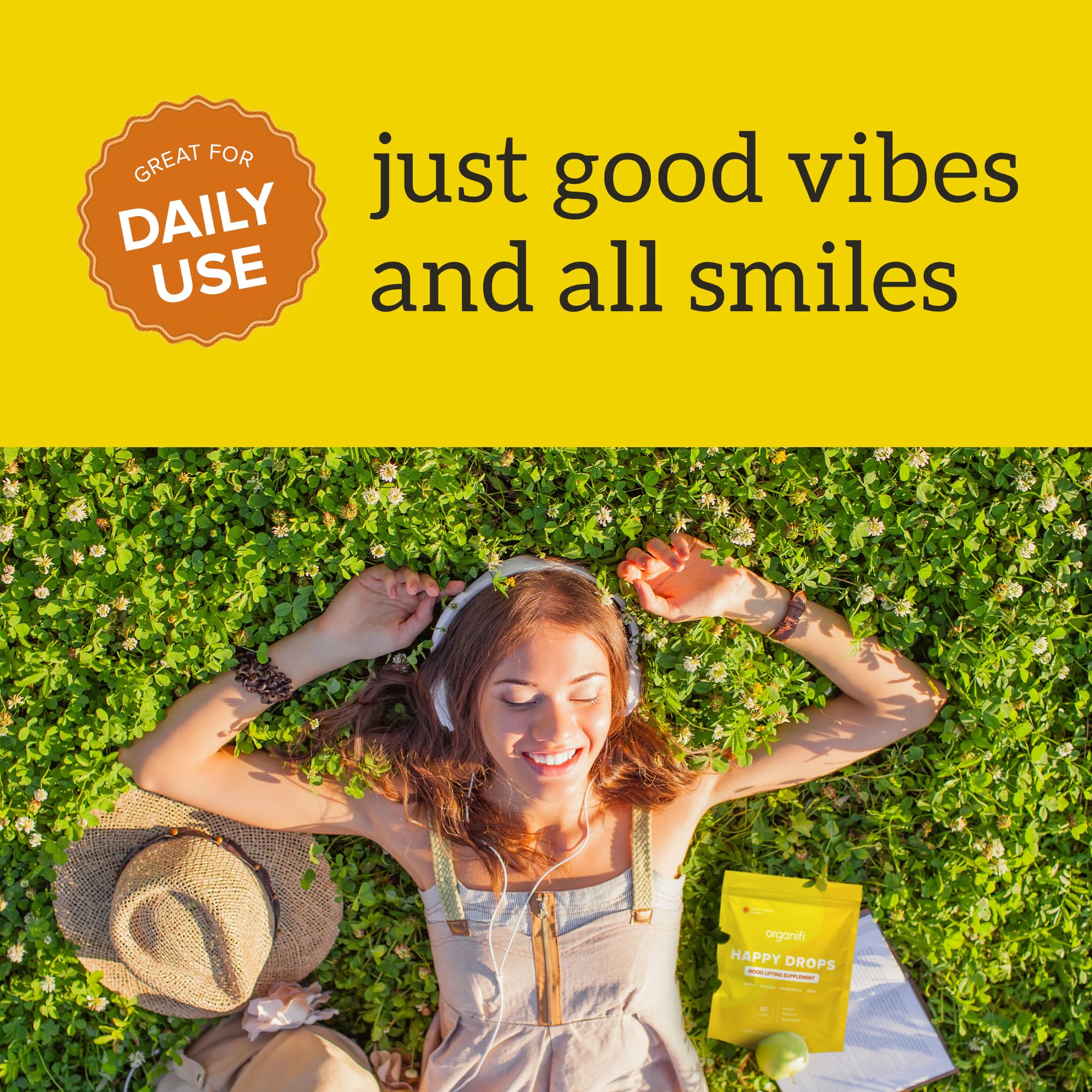 Organifi Happy Drops - Daily Superfood Happy Gummies for Adults - Mood Support Supplement for Balance, Bliss, Energy and Taking The Edge Off - Sweet Lemon Flavor - 60 Gummies