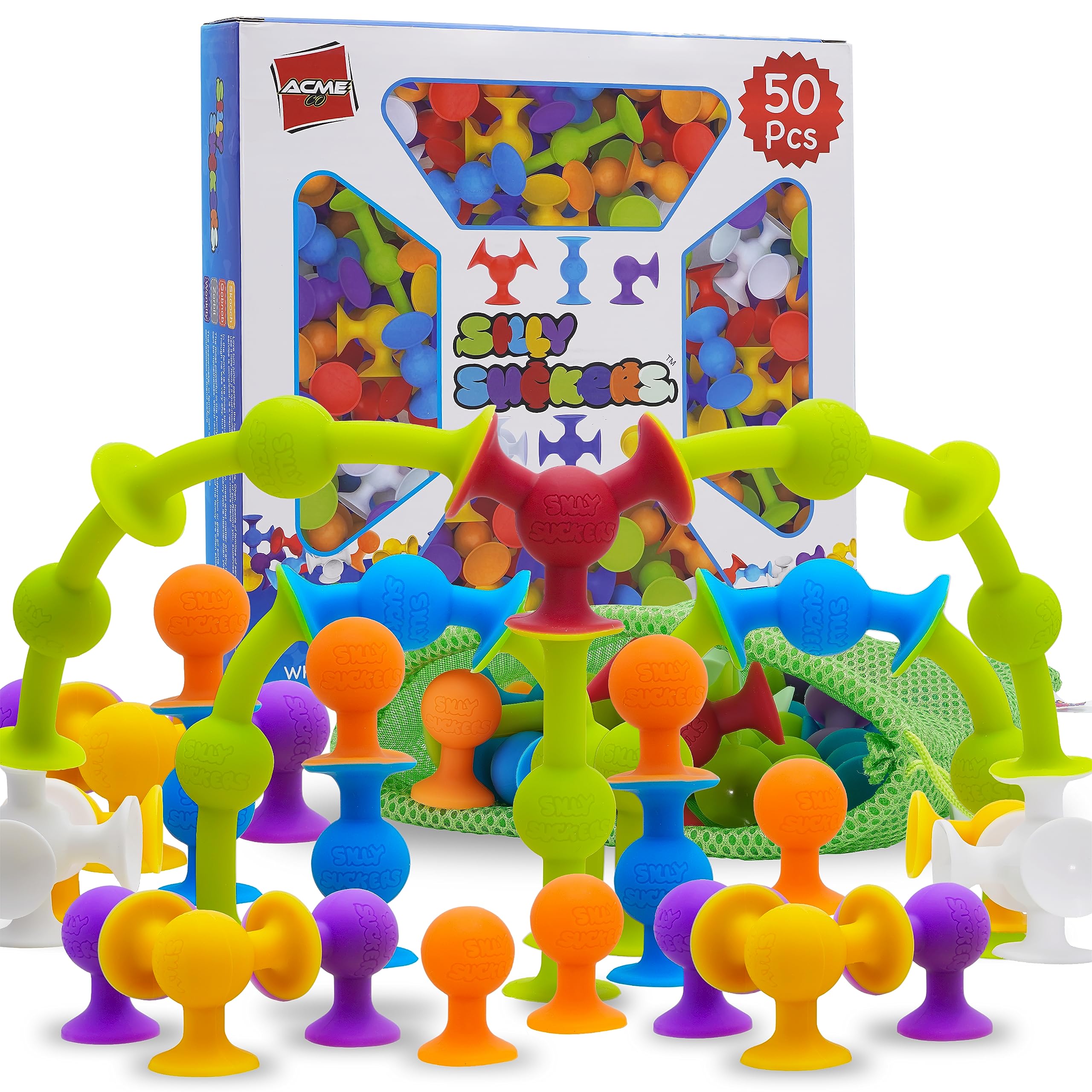 ACME CO 50 Pcs Baby Suction Bath Toys - Fun Squigz, Toddler Sensory & Interactive Building Toys, Montessori Stocking Stuffers
