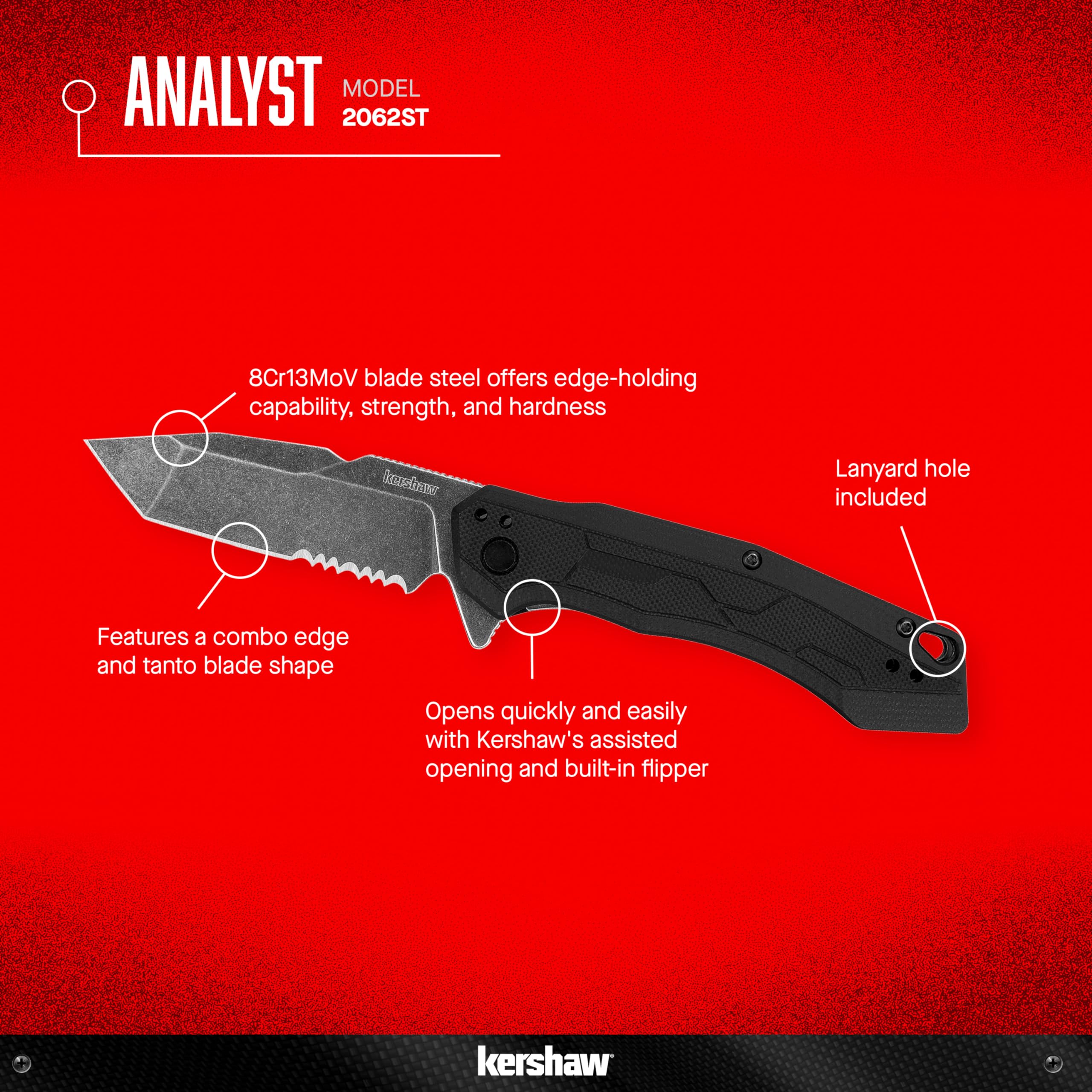 Kershaw Analyst Tanto Pocket Knife, 3.25" 8Cr13MoV Steel Blade, assisted opening, Liner Lock Folder EDC,Black