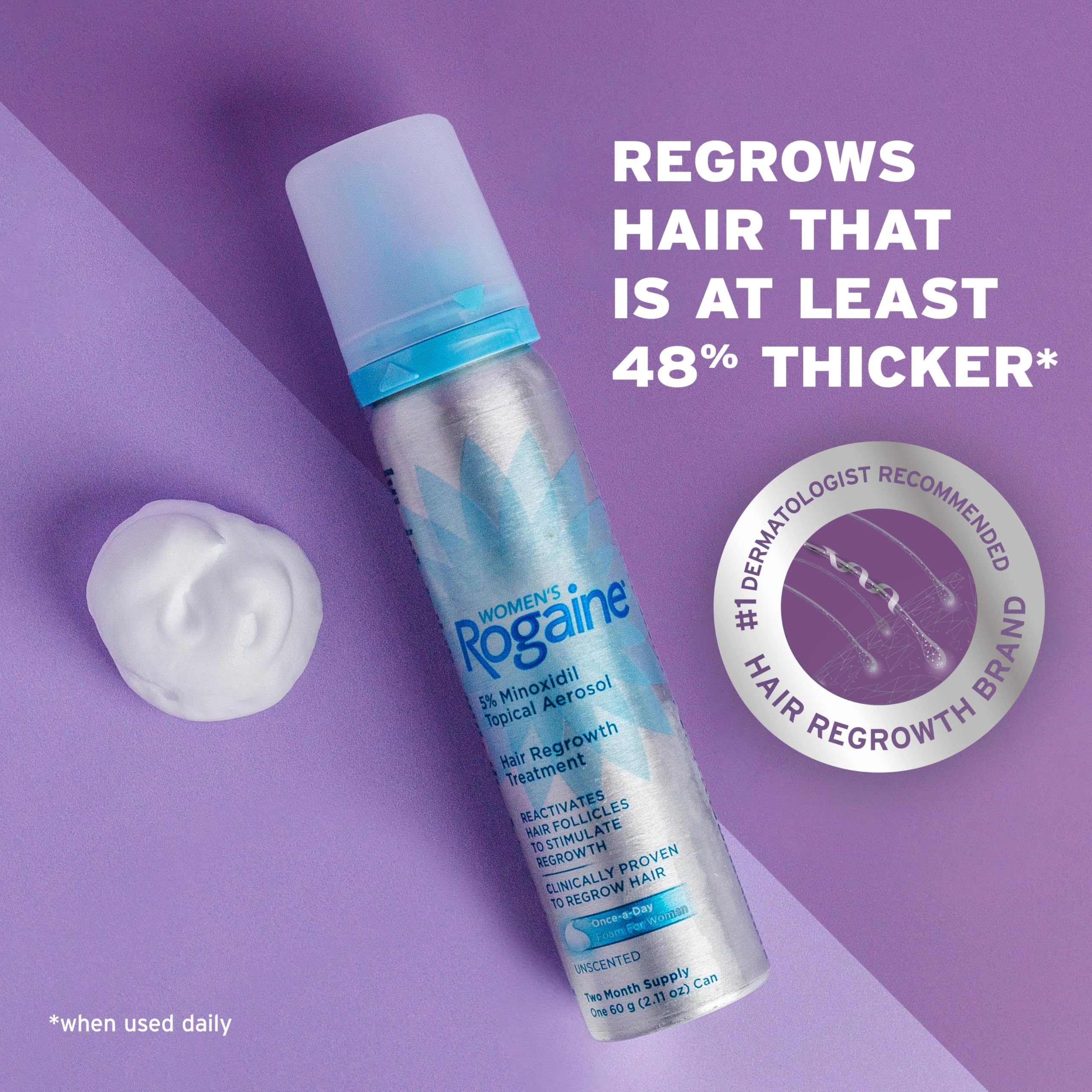 Rogaine for Women 5% Minoxidil Foam, Growth Treatment for Thinning & Hair Loss, Once-A-Day Unscented Topical Foam, Regrow Fuller Thicker Hair, Dermatologist Recommended, 4-Month Supply, 2 x 2.11 oz