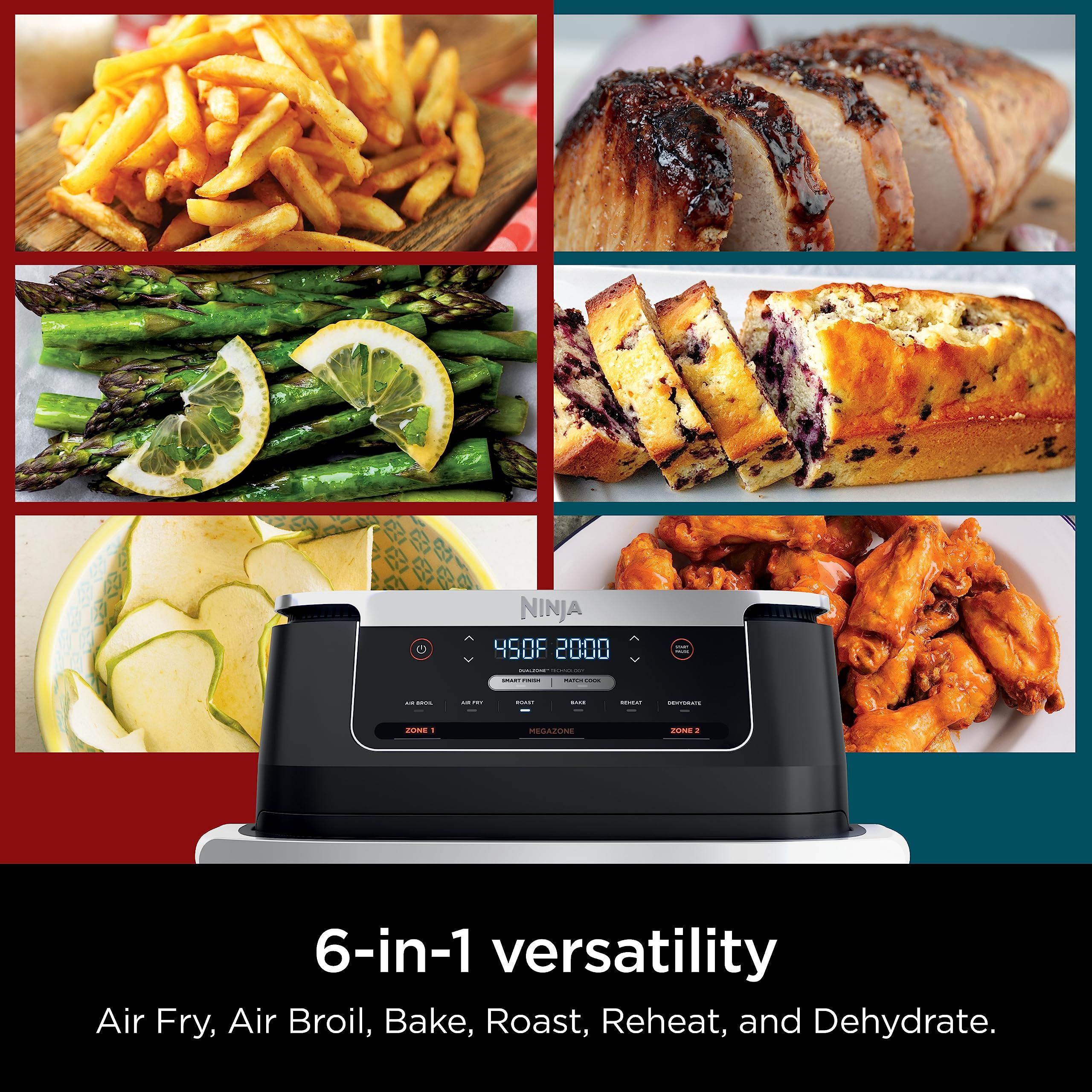 Ninja DZ071 Foodi 6-in-1 FlexBasket Air Fryer with 7-QT MegaZone & Basket Divider for Large Proteins & Full Meals, Smart Finish Cook 2 Foods 2 Ways, Family Sized Capacity, Air Fry, Roast & More, Black