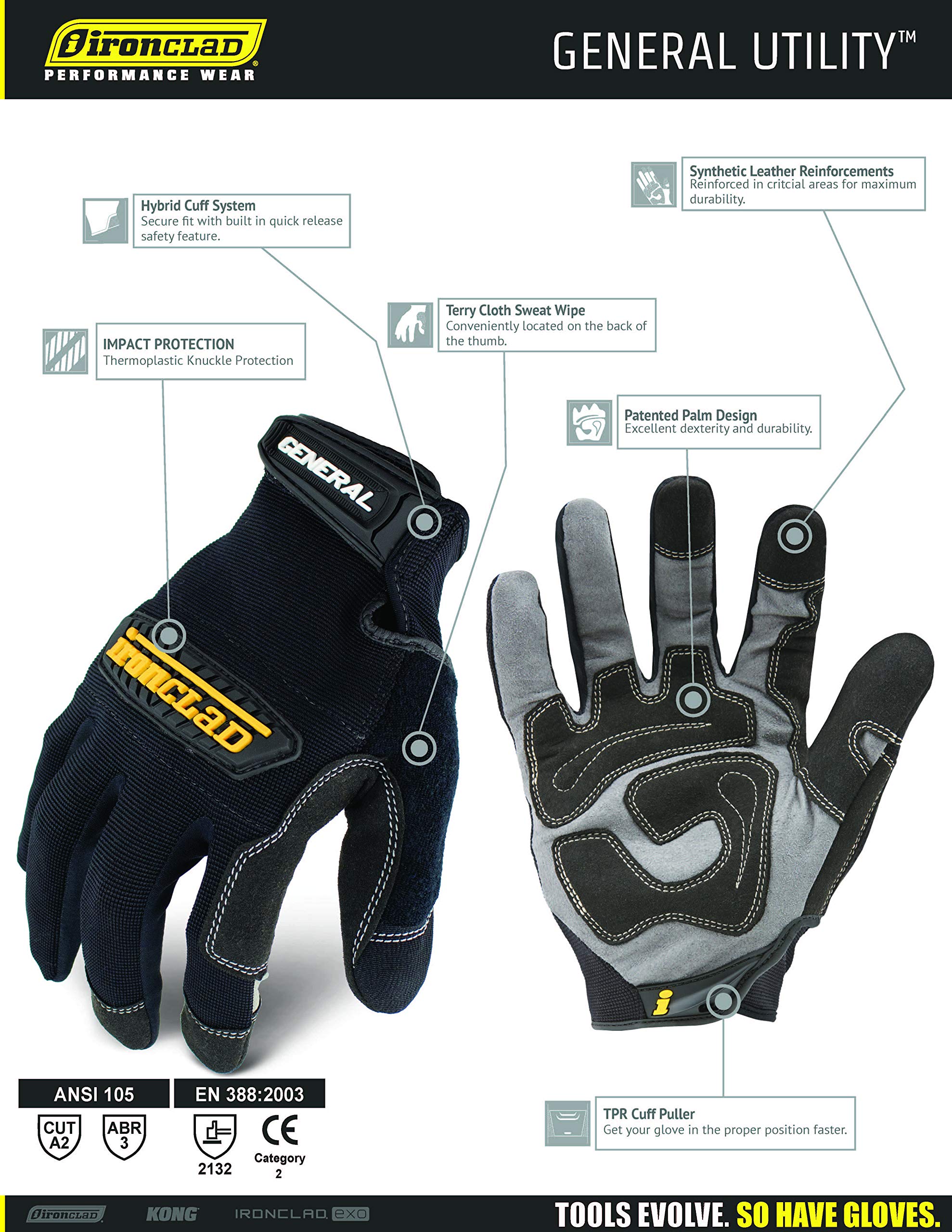 Ironclad General Utility Work Gloves GUG, All-Purpose, Performance Fit, Durable, Machine Washable, Sized Large, (1 Pair) Black