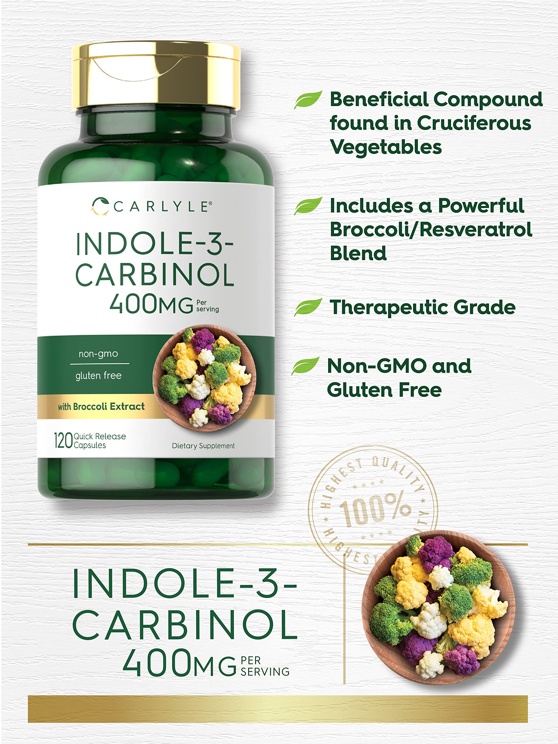 Carlyle Indole-3-Carbinol (I3C) 400mg | 120 Capsules | Advanced Formula with Broccoli Extract | Non-GMO, Gluten Free