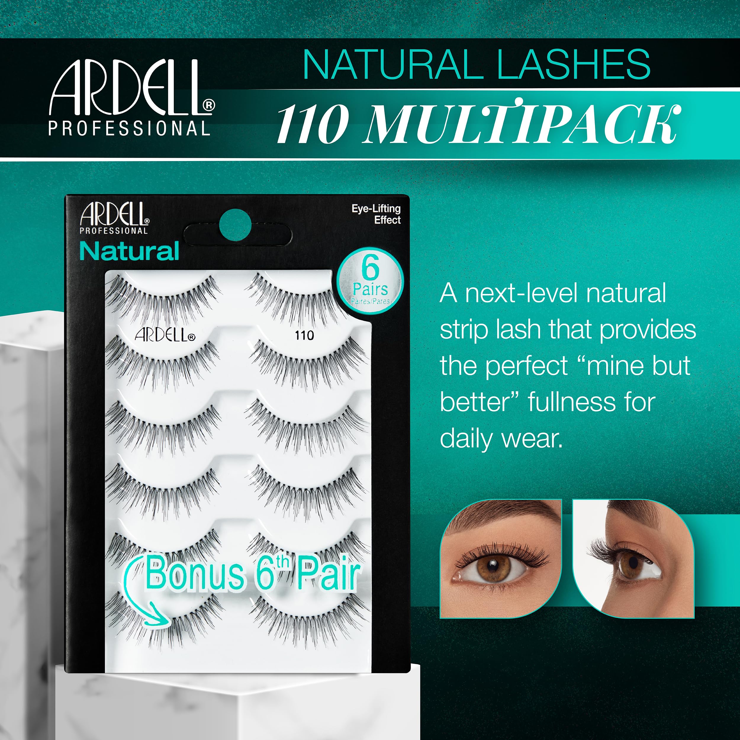 Ardell False Eyelashes, Natural Lashes 110 - Lightweight Reusable Strip Lashes, Eye-Lifting Effect, 5 Pairs + Bonus Pair