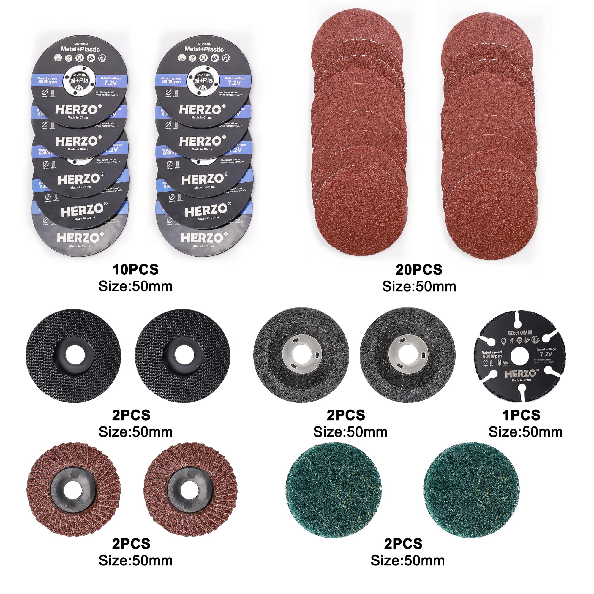 HERZO Mini Grinder Cut Off Wheel,Sanding Discs Set 2'', 3/8'' Arbor Cutting Wheels for 50mm Angle Grinder Cut Off Tool for Surface Prep Strip Grind Polish Finish Burr Rust Paint Removal (39 Pack)