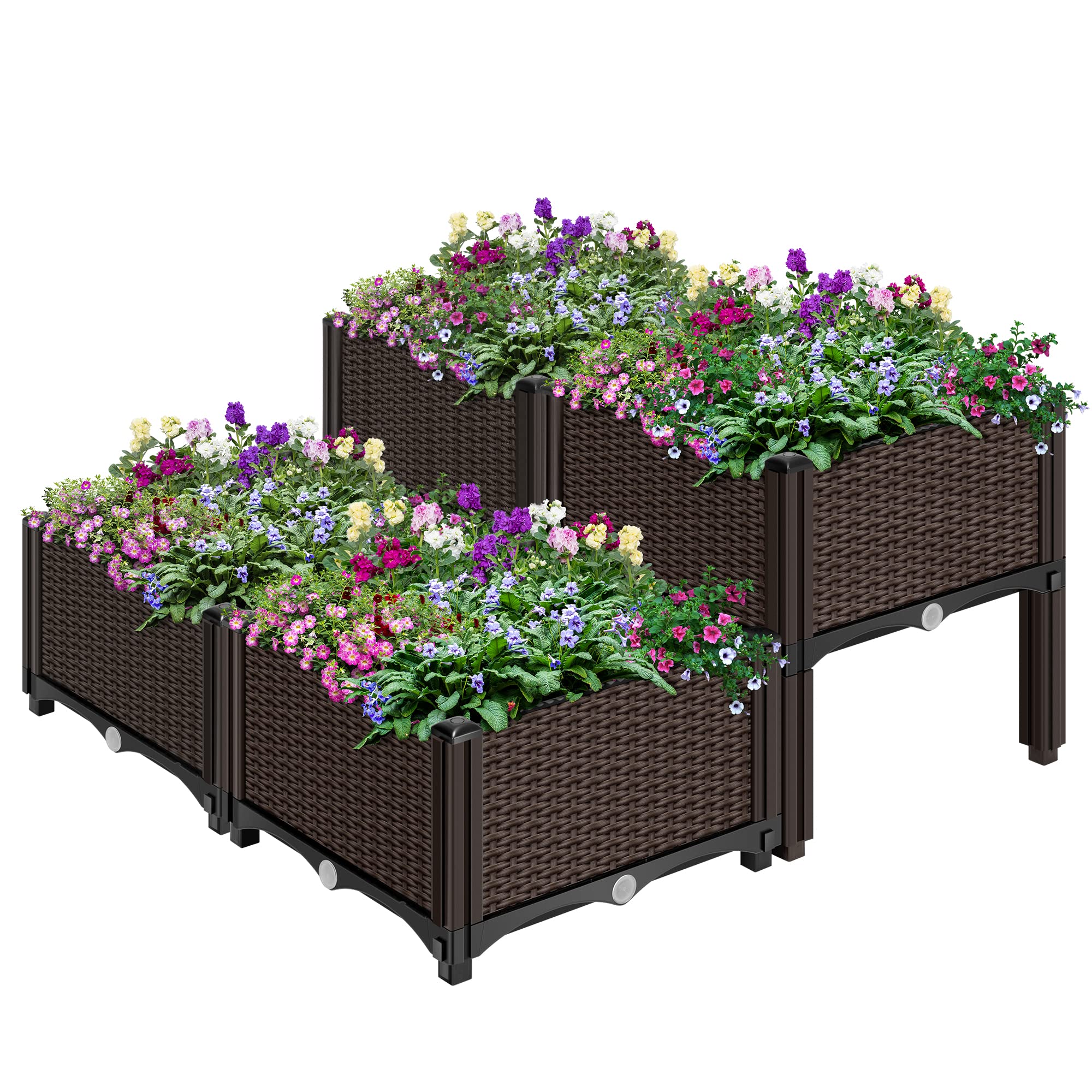 VIVOHOME 4 Packs Elevated Plastic Raised Garden Bed Planter Kit, Outdoor Planters Above Ground Flower Vegetable Standing Box for Patio Deck Porch W/Drainage Holes