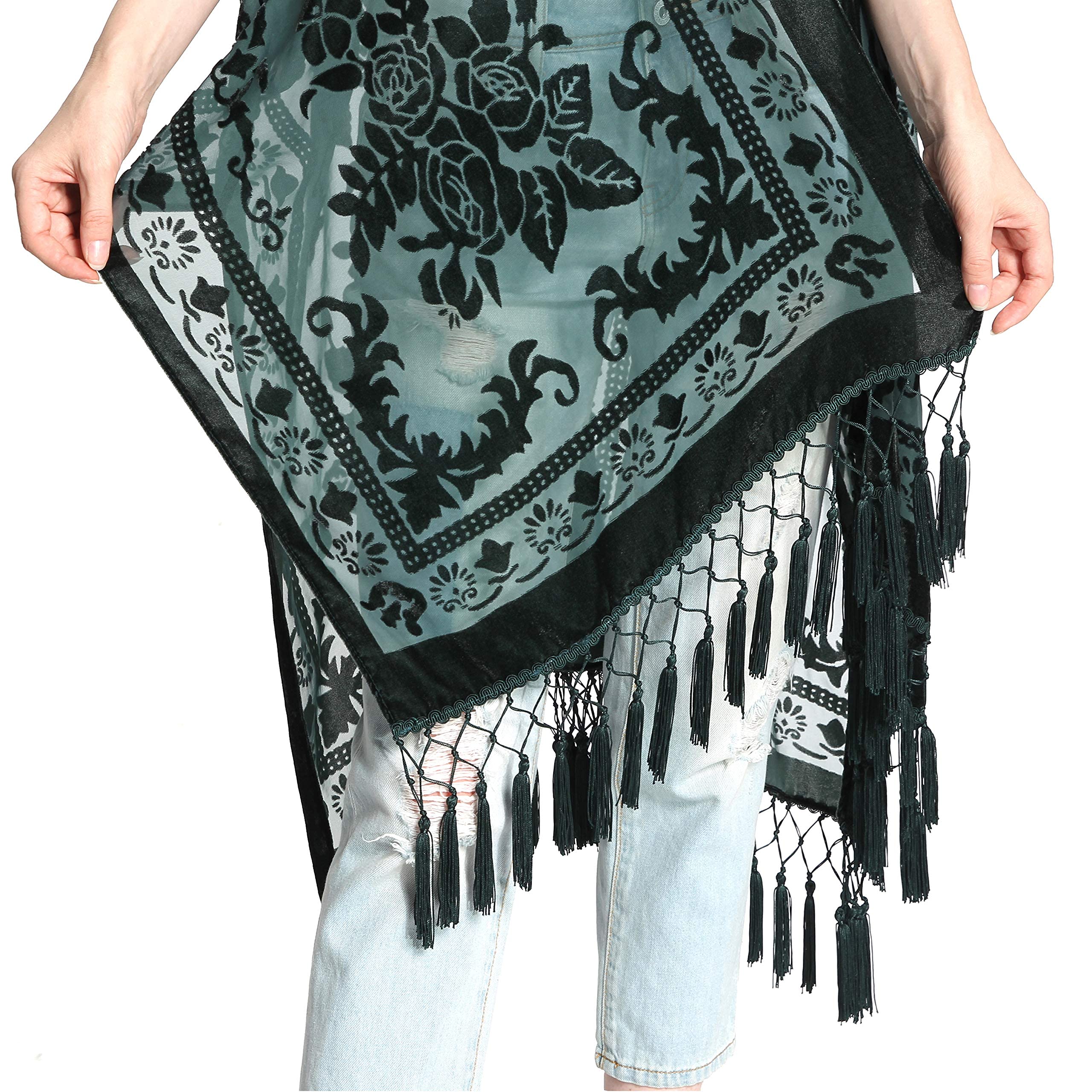 WeHello Women's Burnout Velvet Kimono Long Cardigan Cover Up with Tassel Dark Green