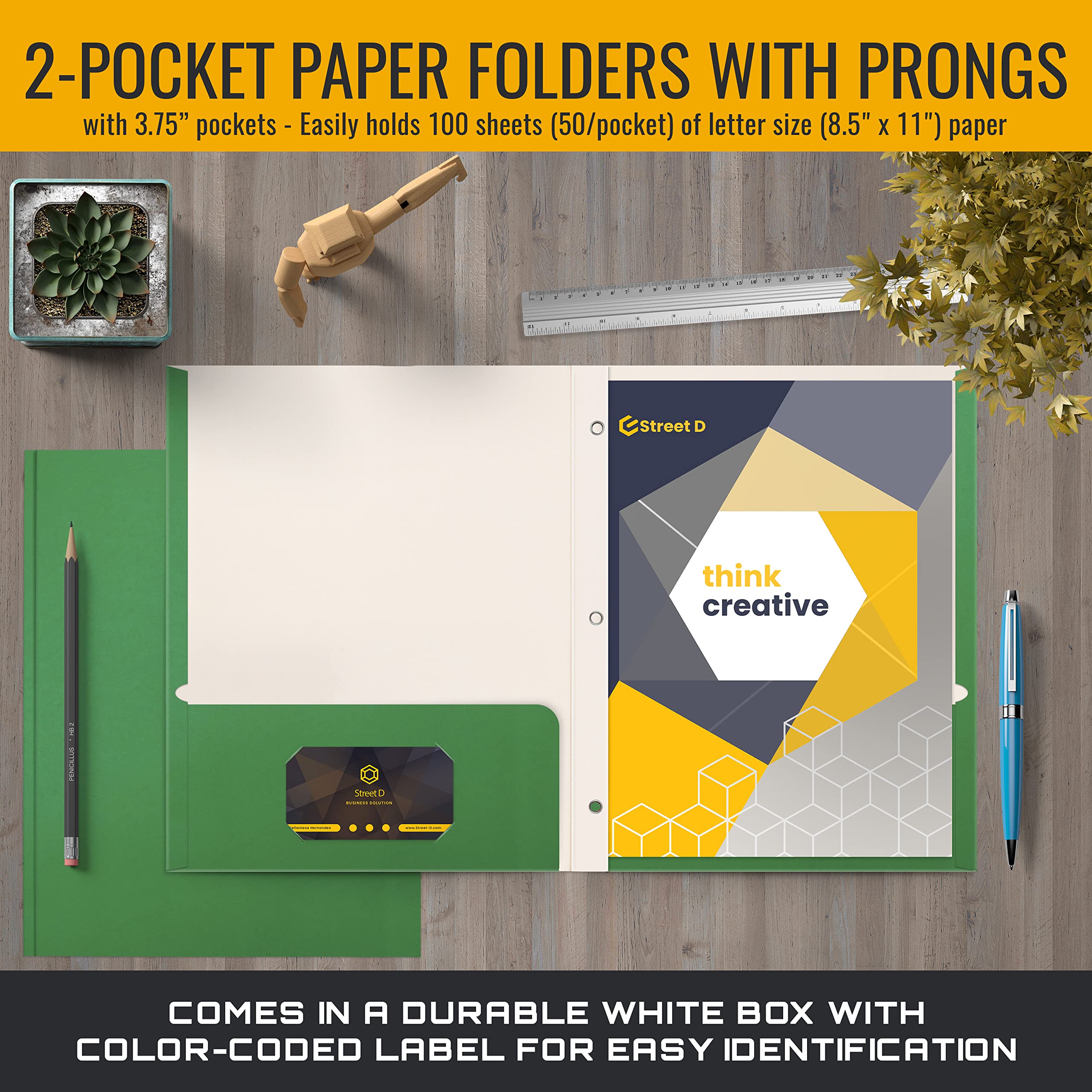 Better Office Products Green Paper 2 Pocket Folders with Prongs, 50 Pack, Matte Texture, Letter Size Paper Folders, 50 Pack, with 3 Metal Prong Fastener Clips, Green
