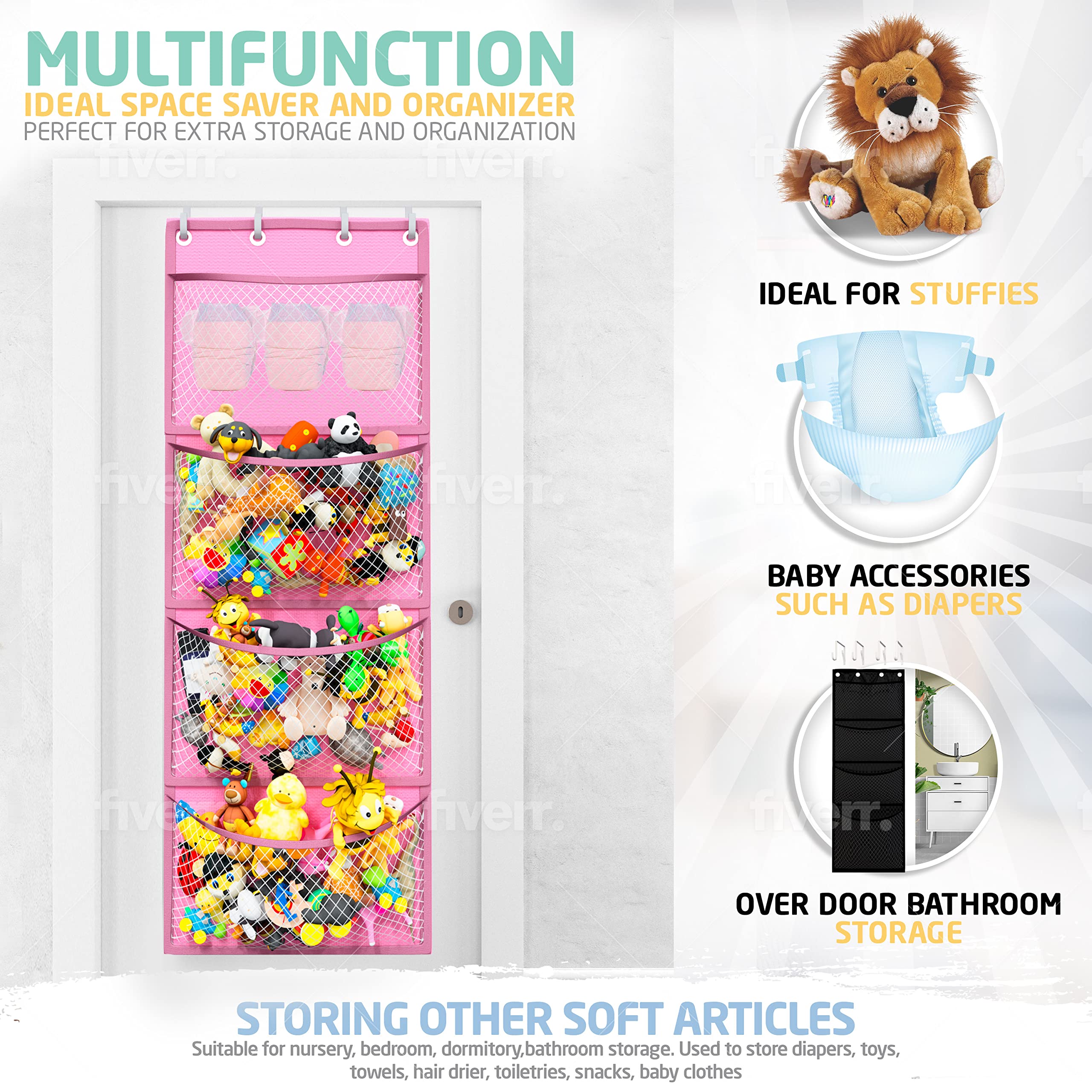 Honeyera Complete Plush & Toy Storage Bundle Pink Stuffed Animal Organizer & Squishmallow Holder – Quick Install, Perfect for Small Spaces