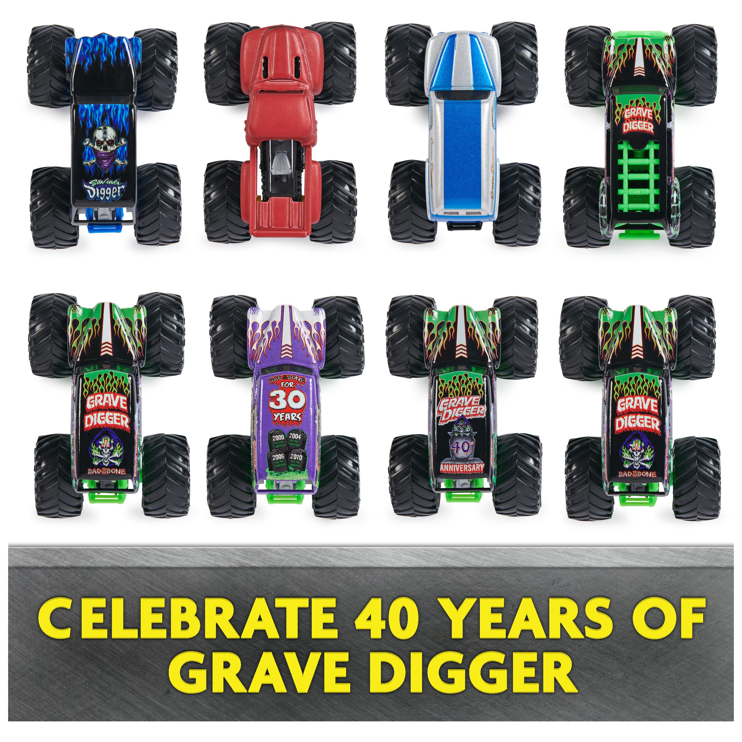 Monster Jam, Grave Digger 40th Anniversary 8-Pack Monster Trucks with Bonus Accessories, 1:64 Scale, Kids Toys for Boys and Girls 3 and up