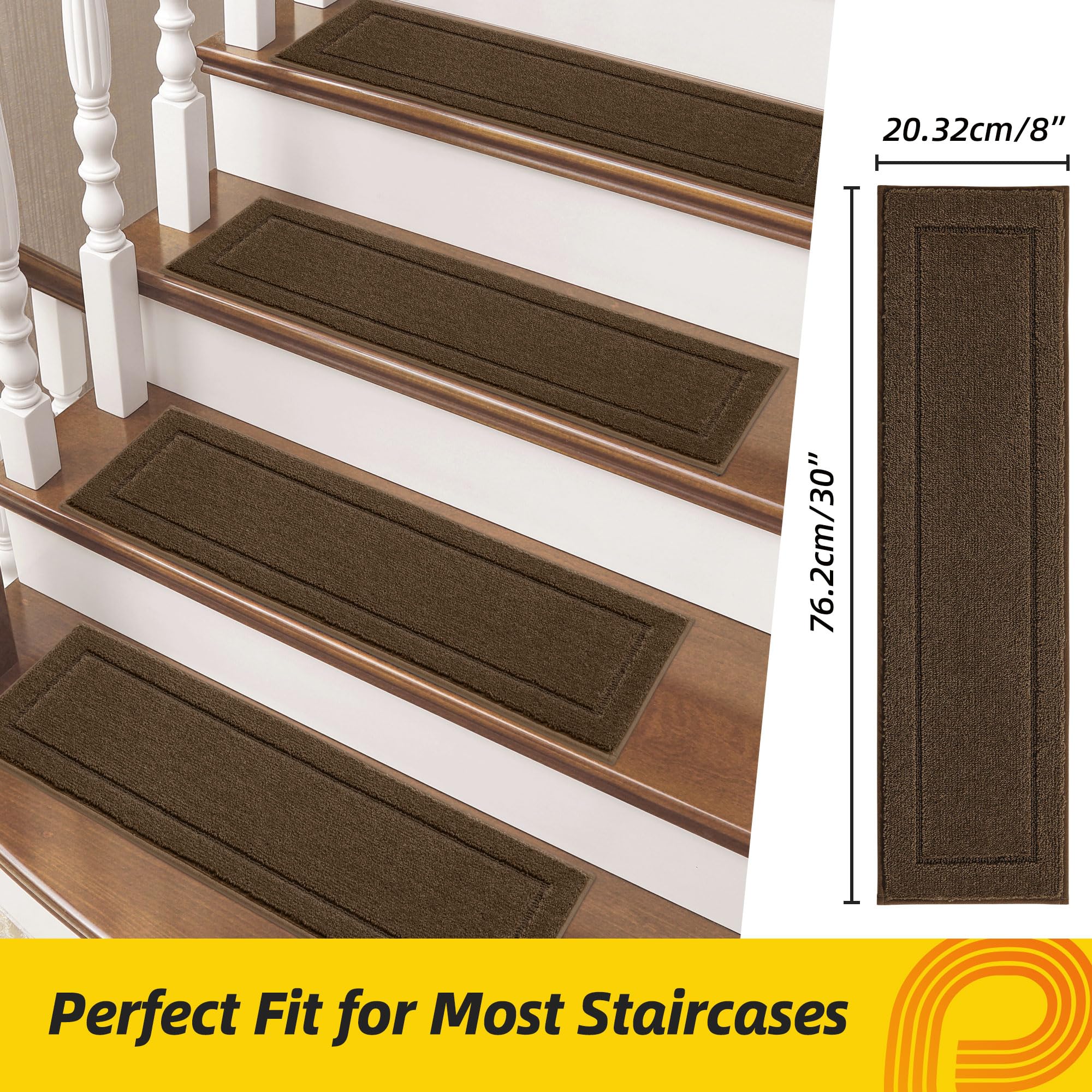 Non-Slip Stair Treads for Wooden Steps Indoor, 15 Pack 8" X 30" Edging Stair Rugs with TPE Backing, 0.4" Thick Carpet Stair Treads for Kids Elders & Pets, 100% Polyester Soft Stair Runners, Brown