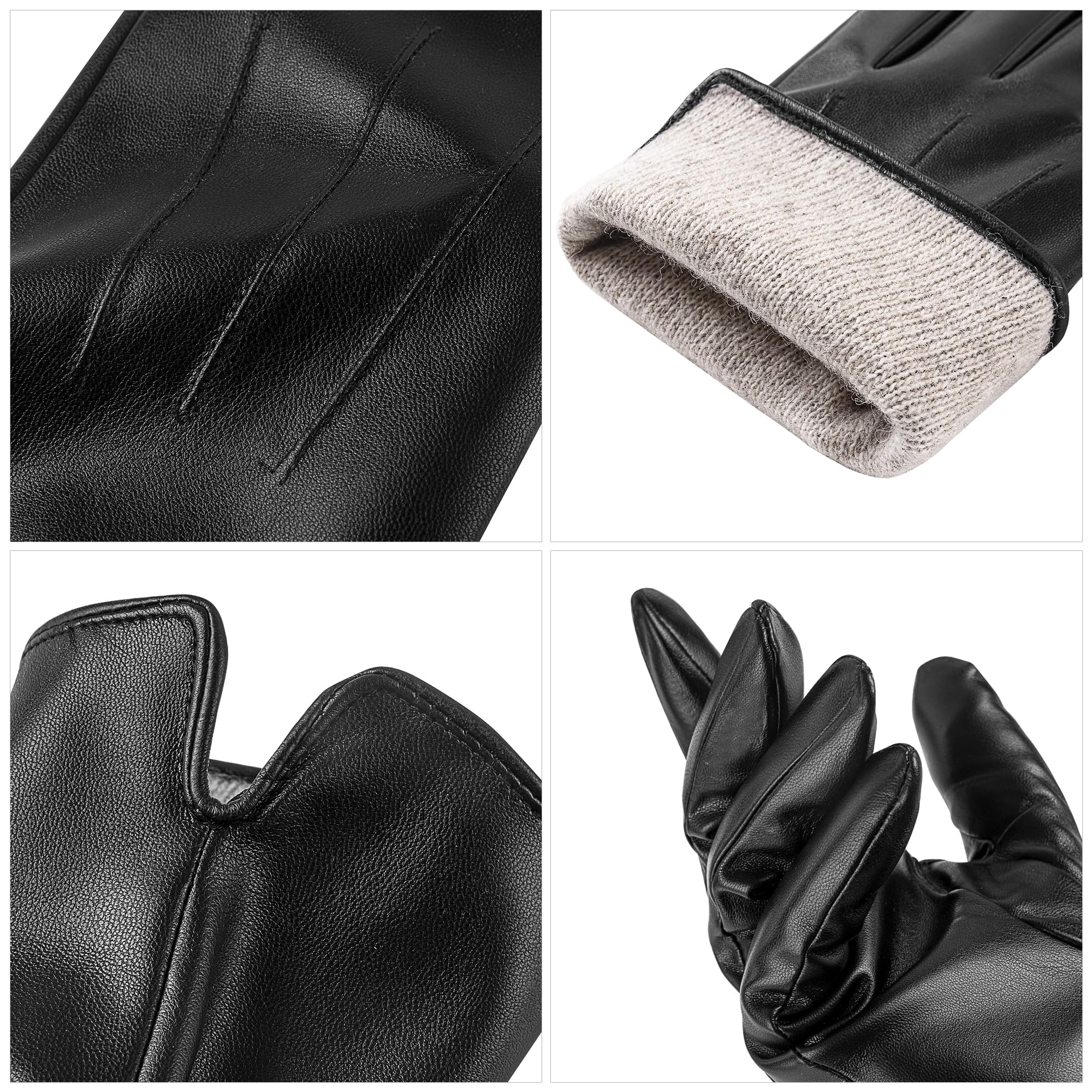 TOSWAKE Leather Gloves for Men 2 Pack, Winter Gloves Men PU Warm Thermal Wool Fleece Lined, Mens Gloves Touchscreen Texting for Driving Motorcycle(Black+Brown-L)
