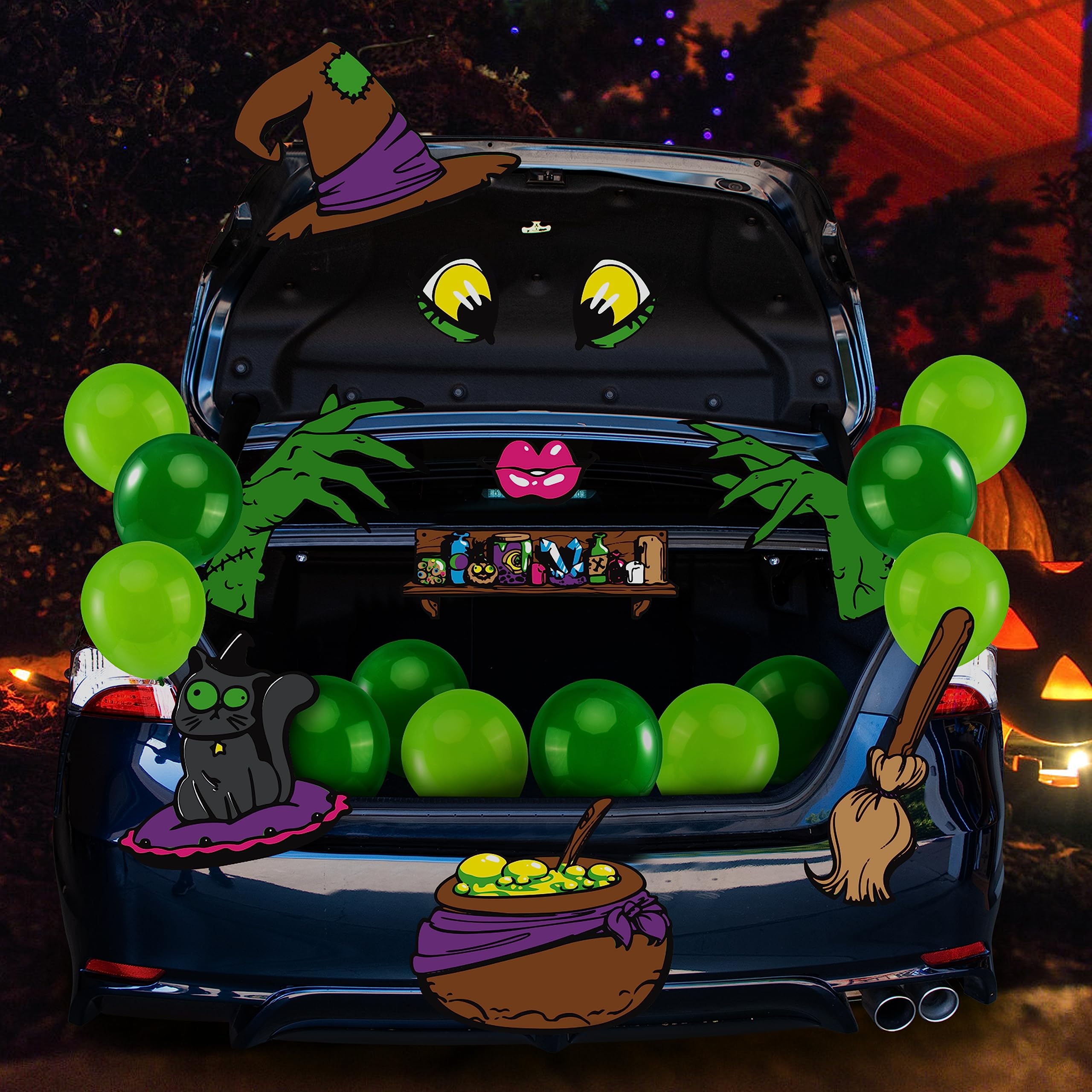 JOYIN Halloween Witch Trunk or Treat Car Decorations Kit for SUV, Witch hat Balloons Cauldron Witch Broom Black Cat Car Stickers Vehicle Van Garage Door Entryway Archway Halloween Decorations Outside