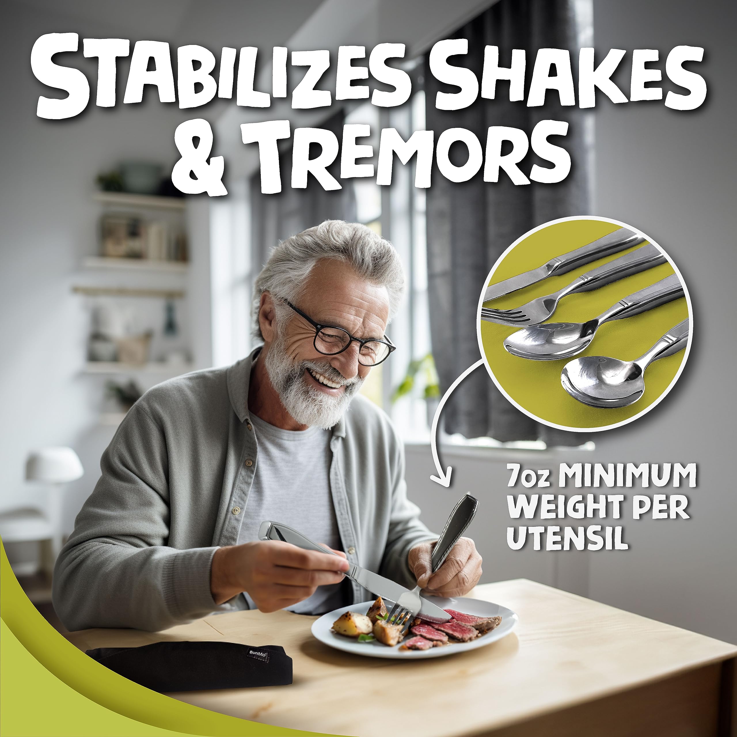 BunMo Adaptive Weighted Utensils Bundle - Utensils for Elderly, Arthritis, Weak Hand Grip & Handicapped - Stainless Steel - Weighted Utensils for Tremors and Parkinsons Patients