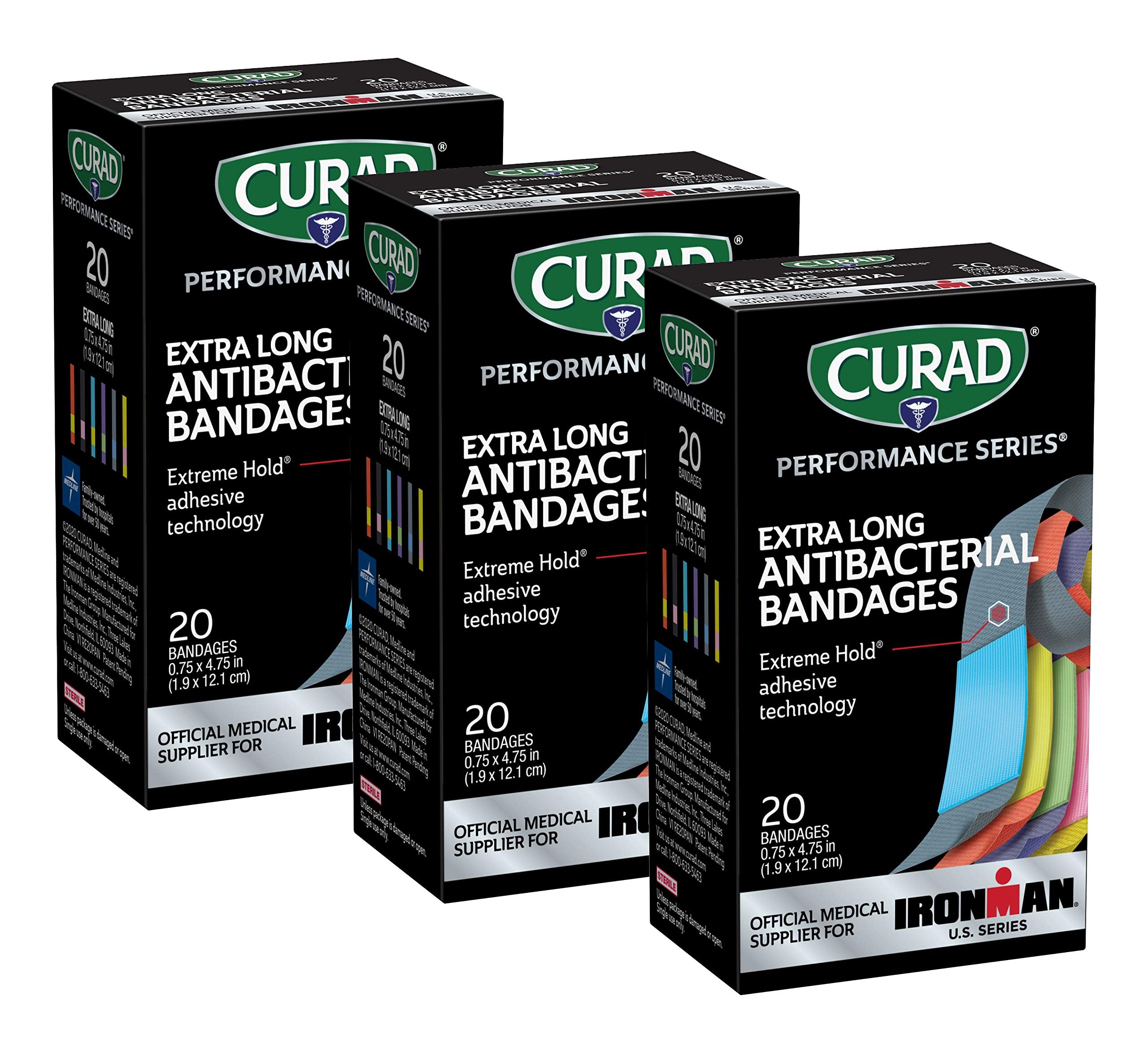 CURAD Performance Series IRONMAN Antibacterial Bandages, Extreme Hold Adhesive Technology, Extra Long Flexible Fabric Bandages for Cuts, Scrapes & Burns, Assorted Colors, 0.75 x 4.75 inches, Pack of 3