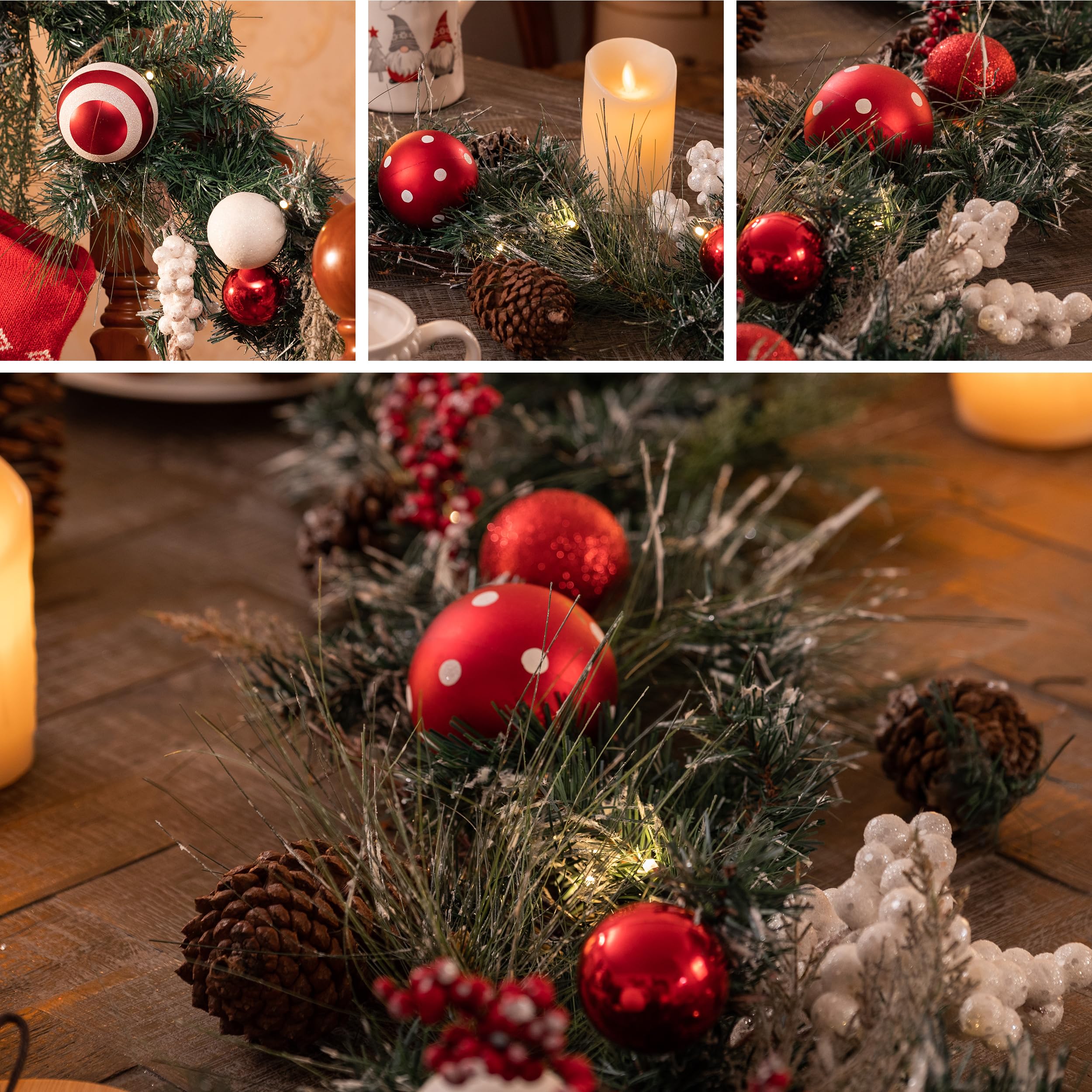 Valery Madelyn 6 feet Pre-Lit Christmas Garland with Lights for Mantle, Lighted Battery Operated Valentine's Day Garland with Red White Balls for Front Door Fireplace Table Centerpiece Decor