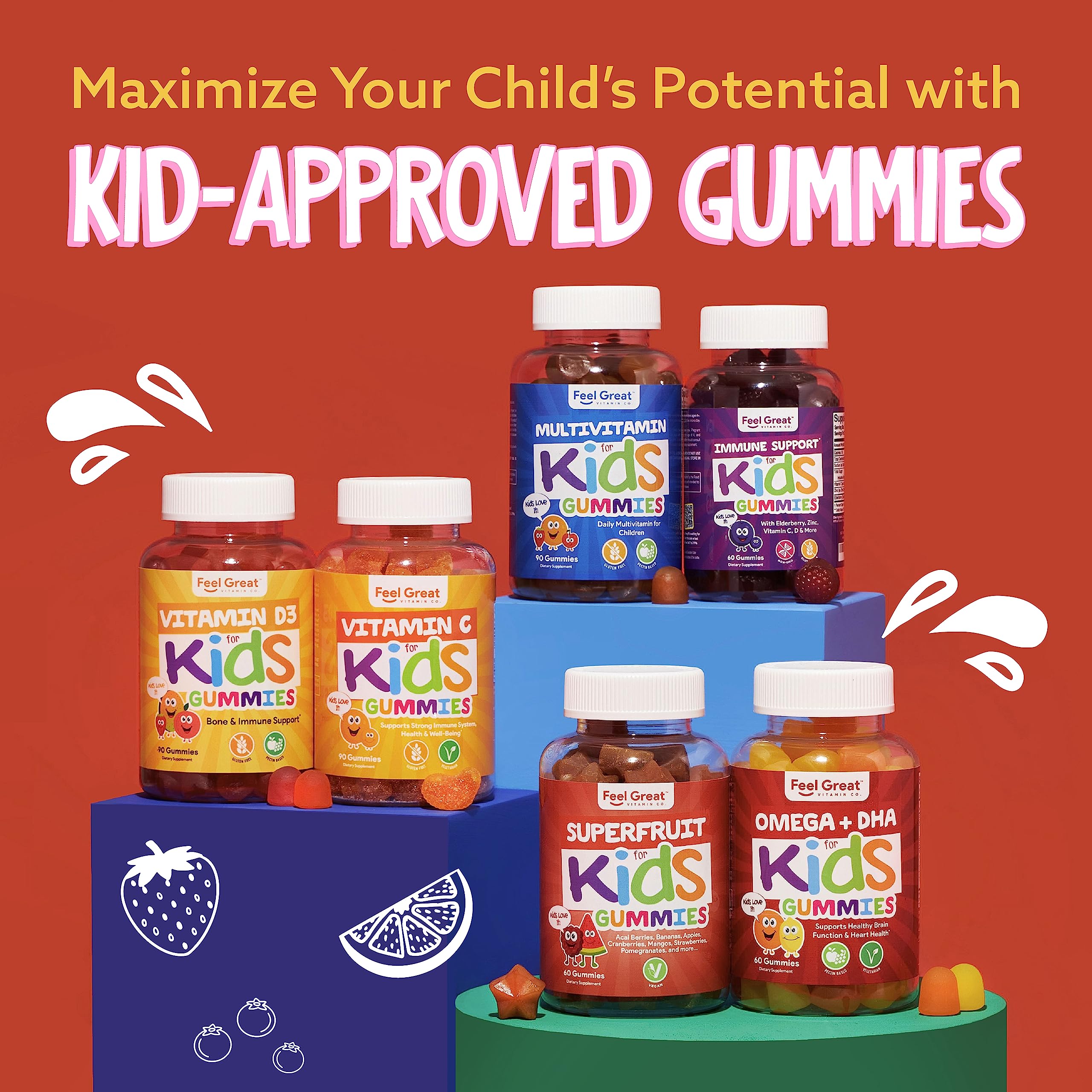 Feel Great Vitamin Co. Complete DHA Gummies for Kids | with Omega 3 6 9 + DHA, Vitamin C | Supports Healthy Brain Function, Vision & Heart Health | Gluten Free, Vegetarian | 60 Gummies