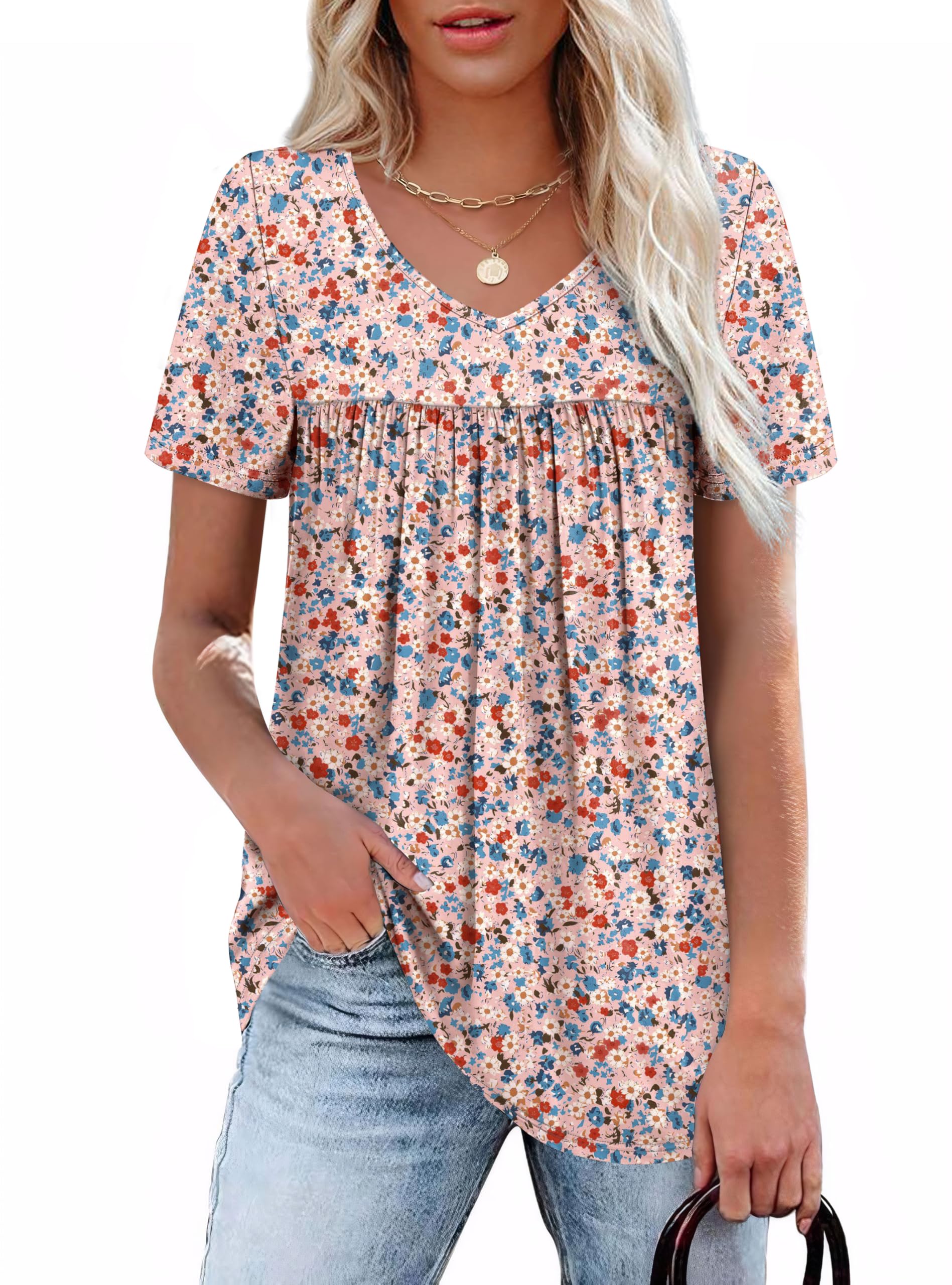 Tshirts Shirts for Women Floral Casual Summer Tops Trendy Short Sleeve V Neck Blouses Loose Fit Beach Vacation Clothes Resort Wear 2025 Pink L