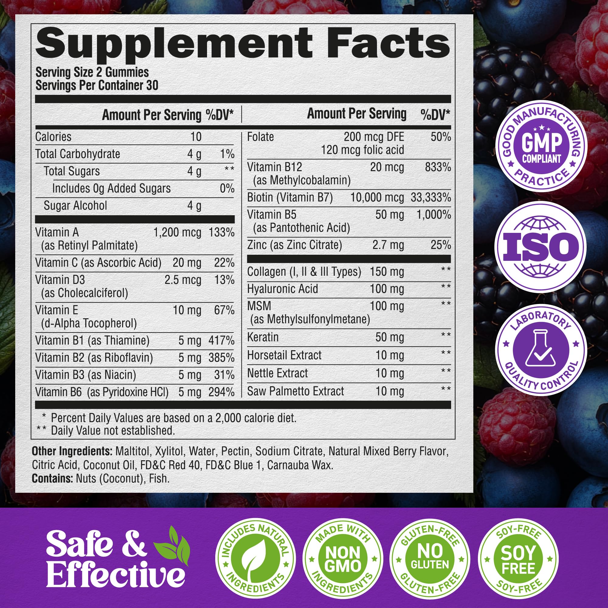 Biotin Gummies with Collagen - Hair Growth Support Skin, & Nail Strength - for Women & Men - Biotin 10000mcg | Keratin | Hyaluronic Acid | B-Complex | Saw Palmetto - Sugar-Free, Mixed Berry, Pack of 2