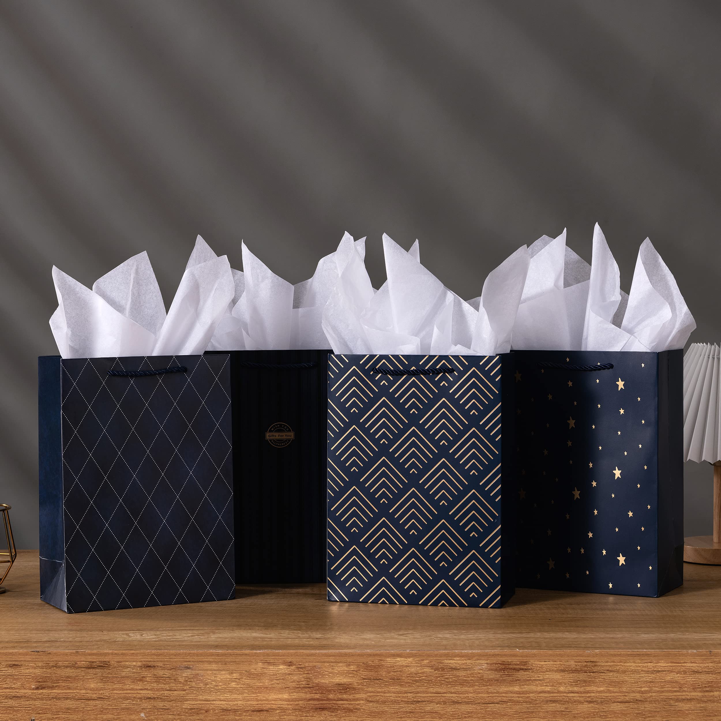 SHIPKEY Gift Bags, 10 Pack Navy Blue with Gold Foil Stars, Kraft Paper Bags with Handles, Bulk for Men, Groomsmen, Christmas Gifts, 8x4x11inch, Includes Tissue Paper