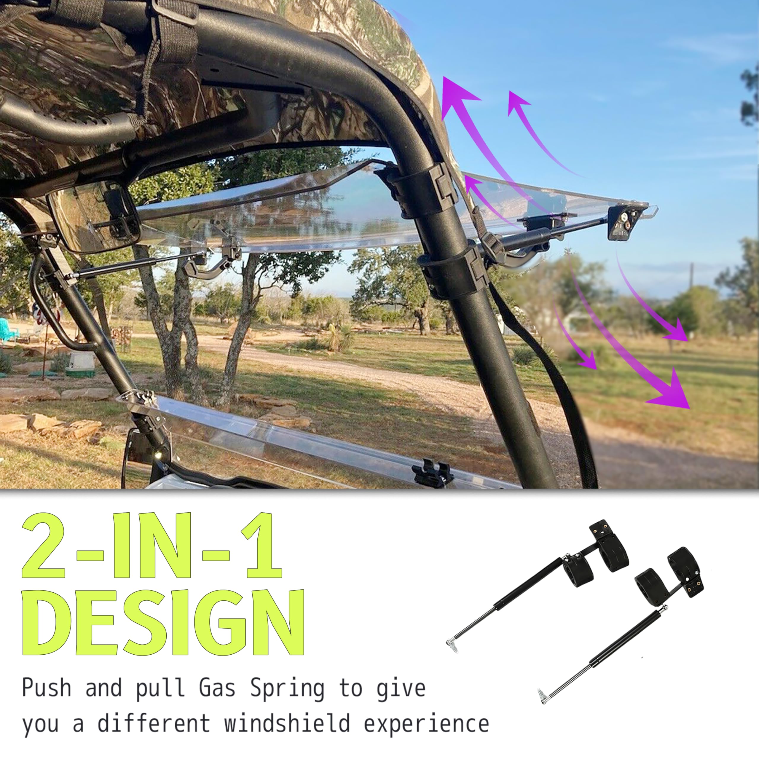 HECASA 2-IN-1 Folding Windshield Compatible with 2015+ Kawasaki Mule Pro FXT/DXT/DX/FX Clear Flip Windscreen Gas Spring Included Heavy Duty Scratch Resistance