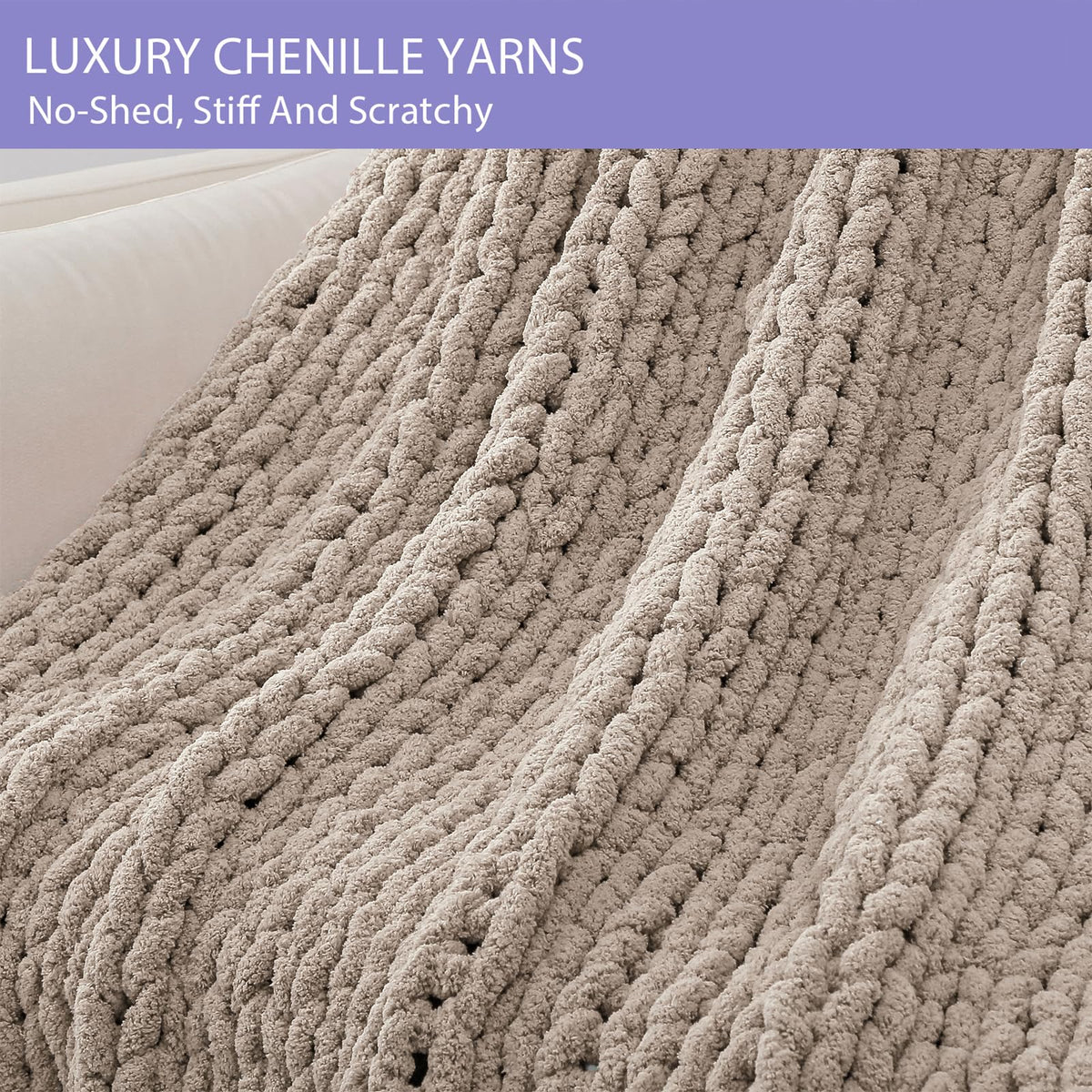 Bigacogo Chunky Knit Throw Blanket for Couch, 60x80 inches, 100% Hand Knitted with Thick Jumbo Chenille Yarn, Cozy Soft Large Rope Knot Cable Crochet Blankets for Sofa Bed Living Room, Taupe