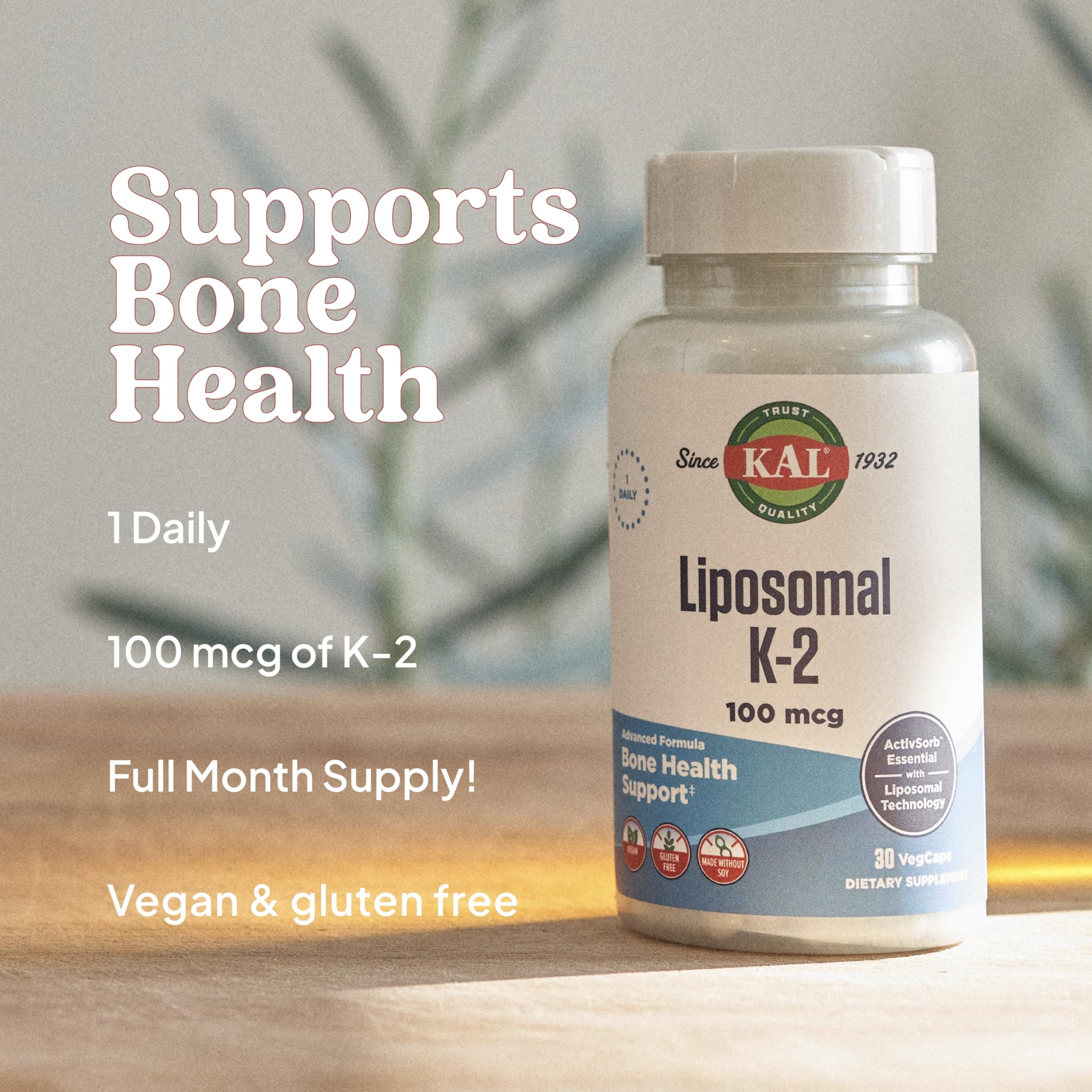 KAL Liposomal Vitamin K2 Supplement with MK7 100 mcg - High Absorption, Liposomal Technology - Advanced Bone Support - Vegan, Gluten Free, Made Without Soy, 30 Servings, 30 VegCaps