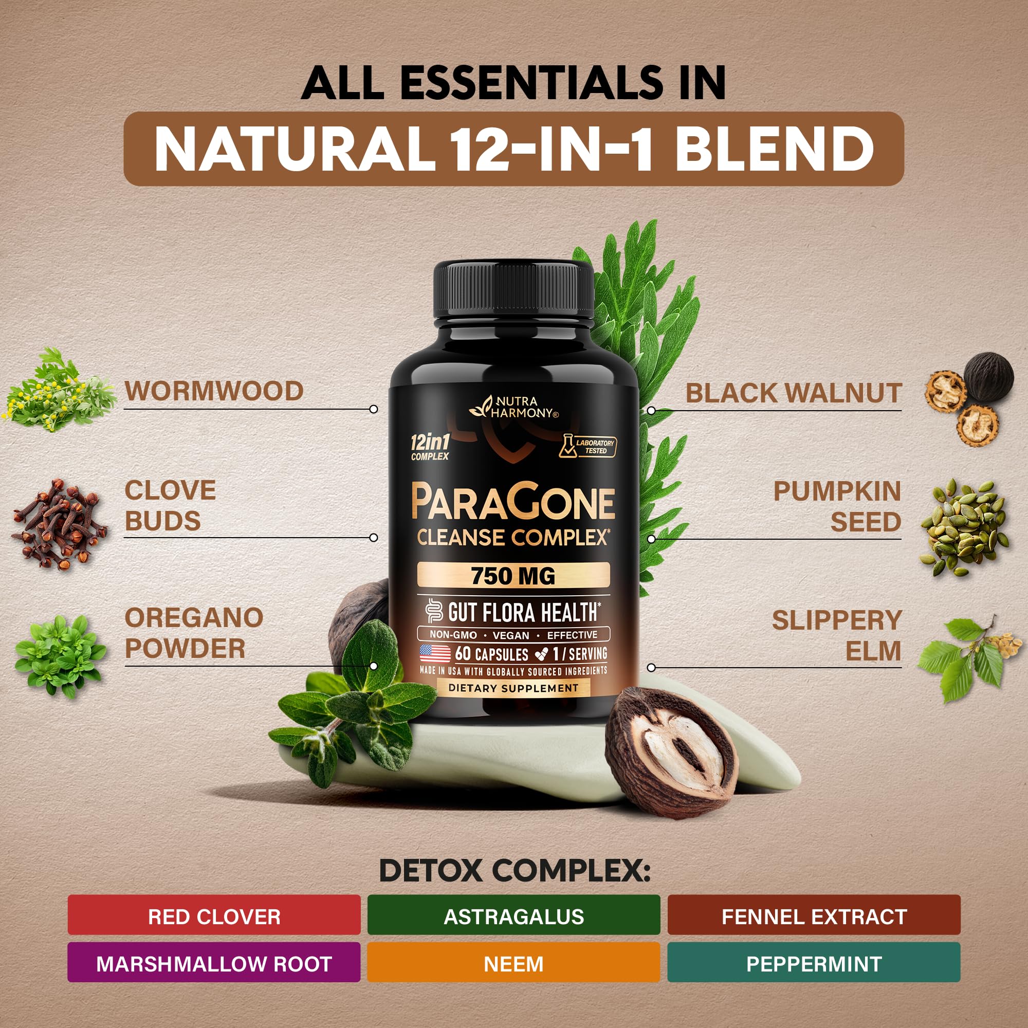 Wormwood, Black Walnut, Clove & Astragalus - ParaGone for Cleanse, Detox, Intestinal & Gut Flora Support - 12 in 1 Complex for Men & Women - NON-GMO, Vegan - Made in USA - 60 Capsules for 2 Months