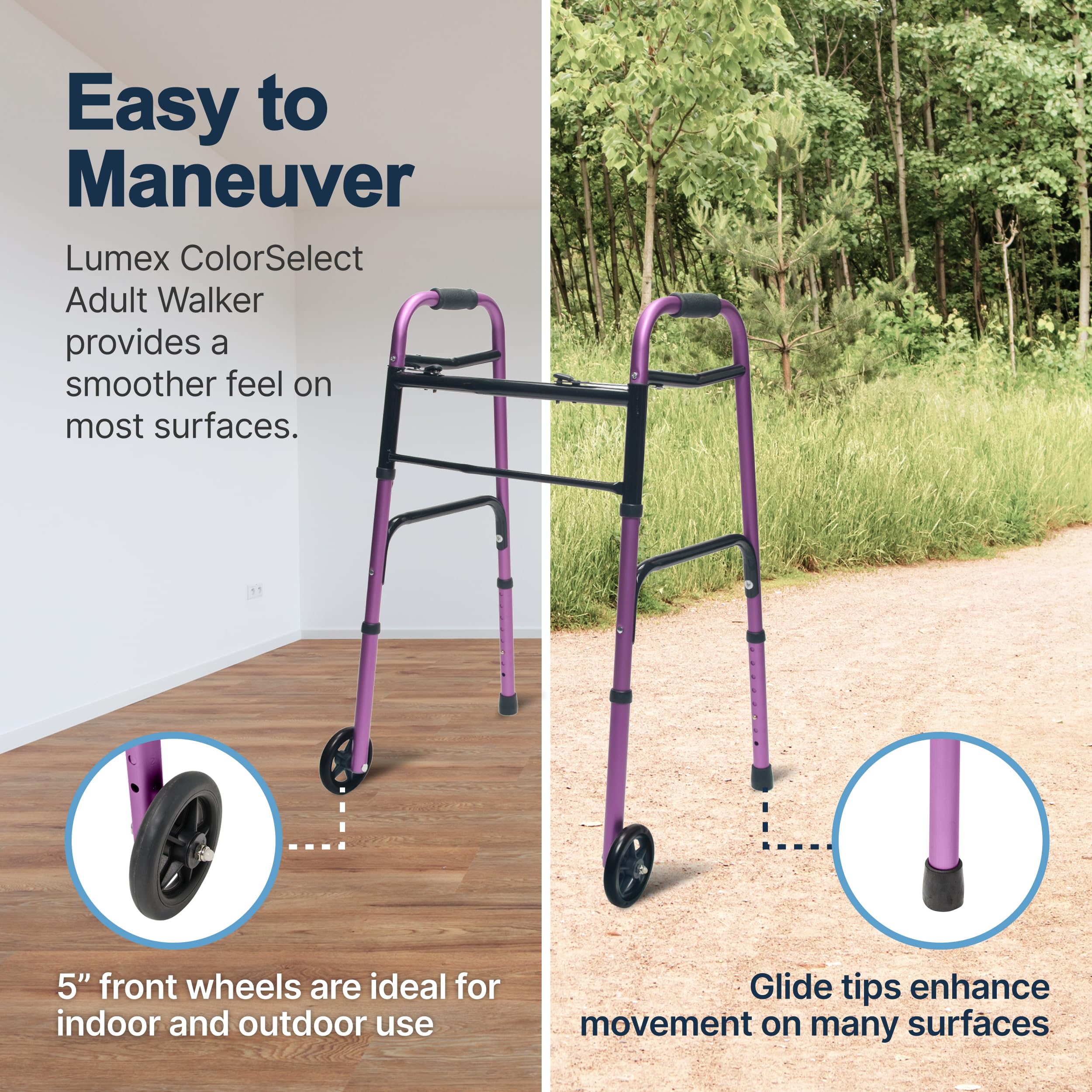 Lumex ColorSelect Walkers for Seniors, Rolling & Folding Adult Walker with Wheels, Plum