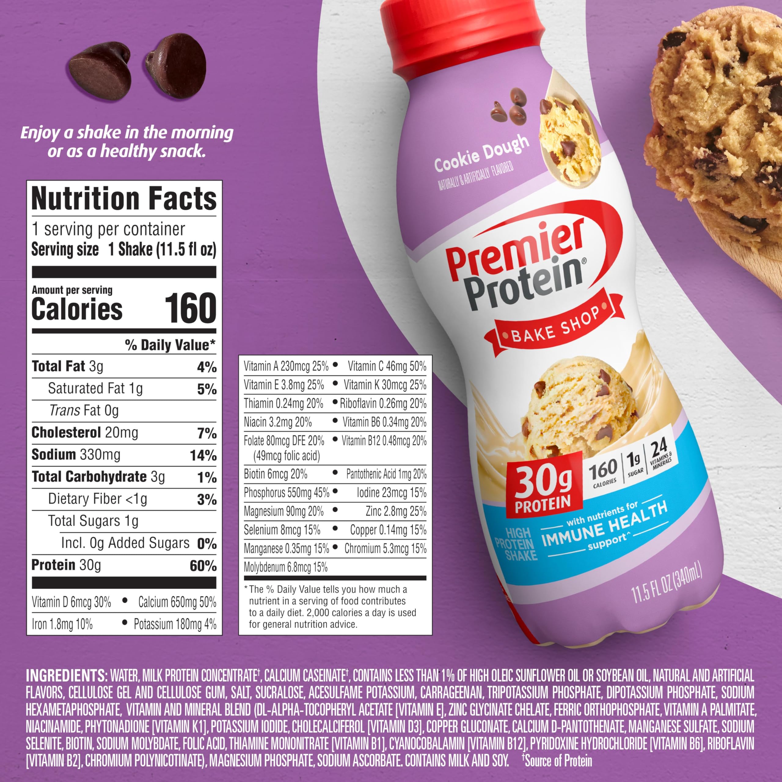 Premier Protein Shake, Cookie Dough, 11.5 Fl Oz (12 Pack), 30g Protein, 1g Sugar, 3g Carbs