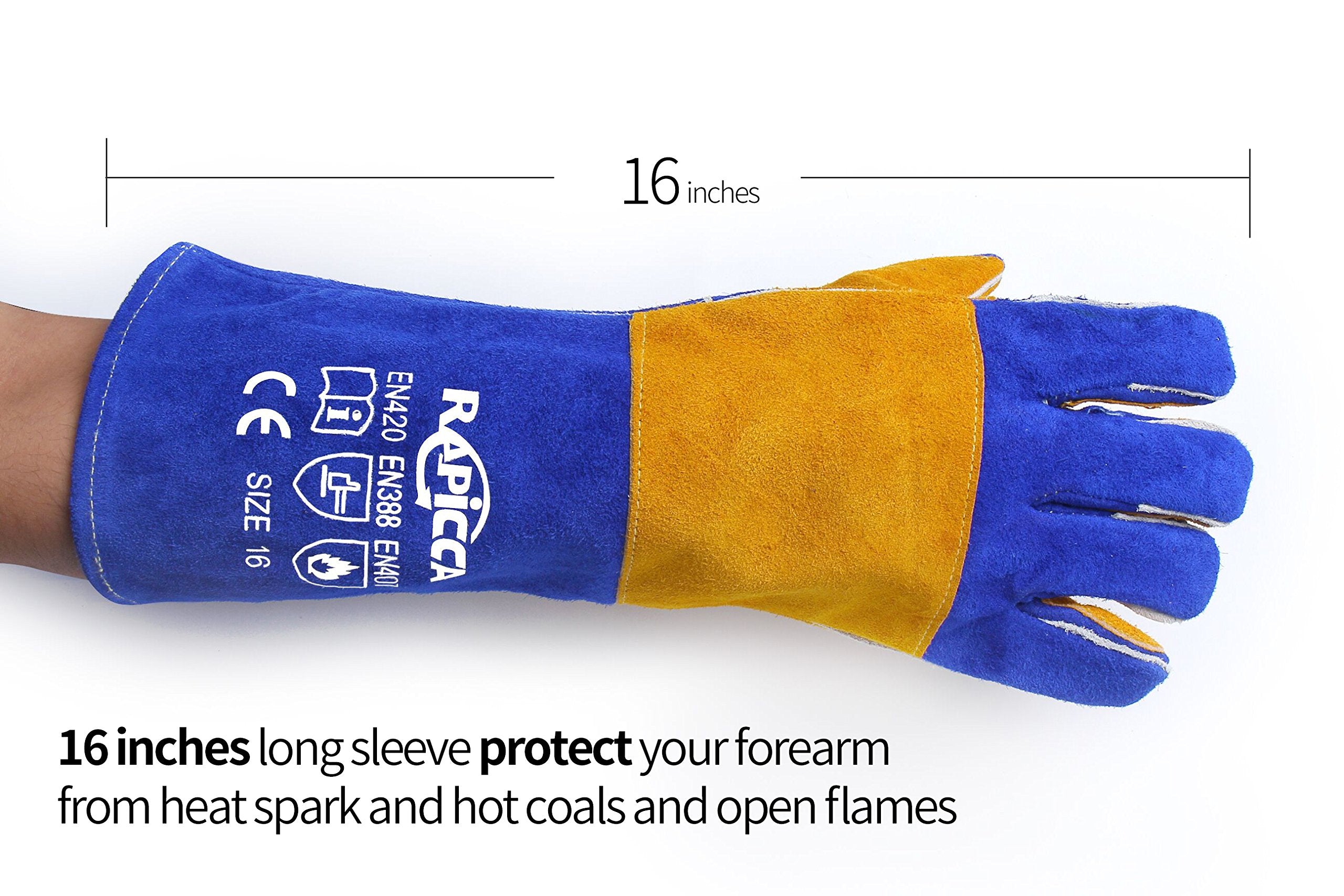 RAPICCA Welding Gloves Fire Heat Resistant: Blue 16IN 932℉ - Fireproof Leather For Stick Mig Flux-Core Welder Forge Blacksmith Fireplace Wood Stove Fire Pit Furnace Handling Dry ice - One Size