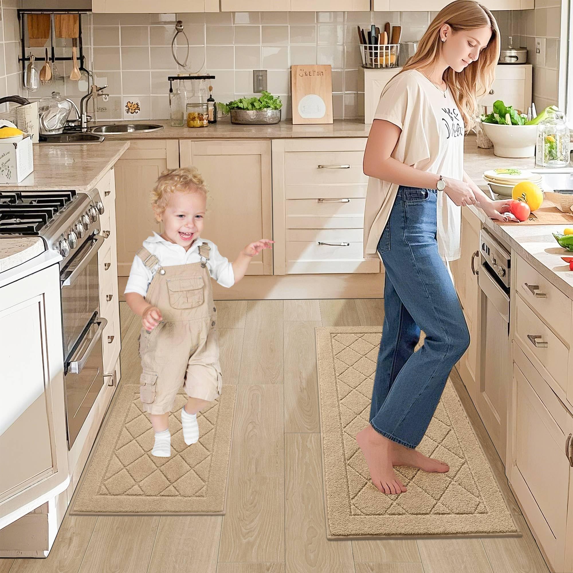 JSEI Non-Slip Kitchen Rugs, Self Adhesive No Sliding Kitchen Mats Set of 2, Soft Washable Absorbent Floor Mat for Kitchen, Bathroom, Laundry Room, Bedroom, 20”x32”+32”x48”, Beige, Diamond Pattern